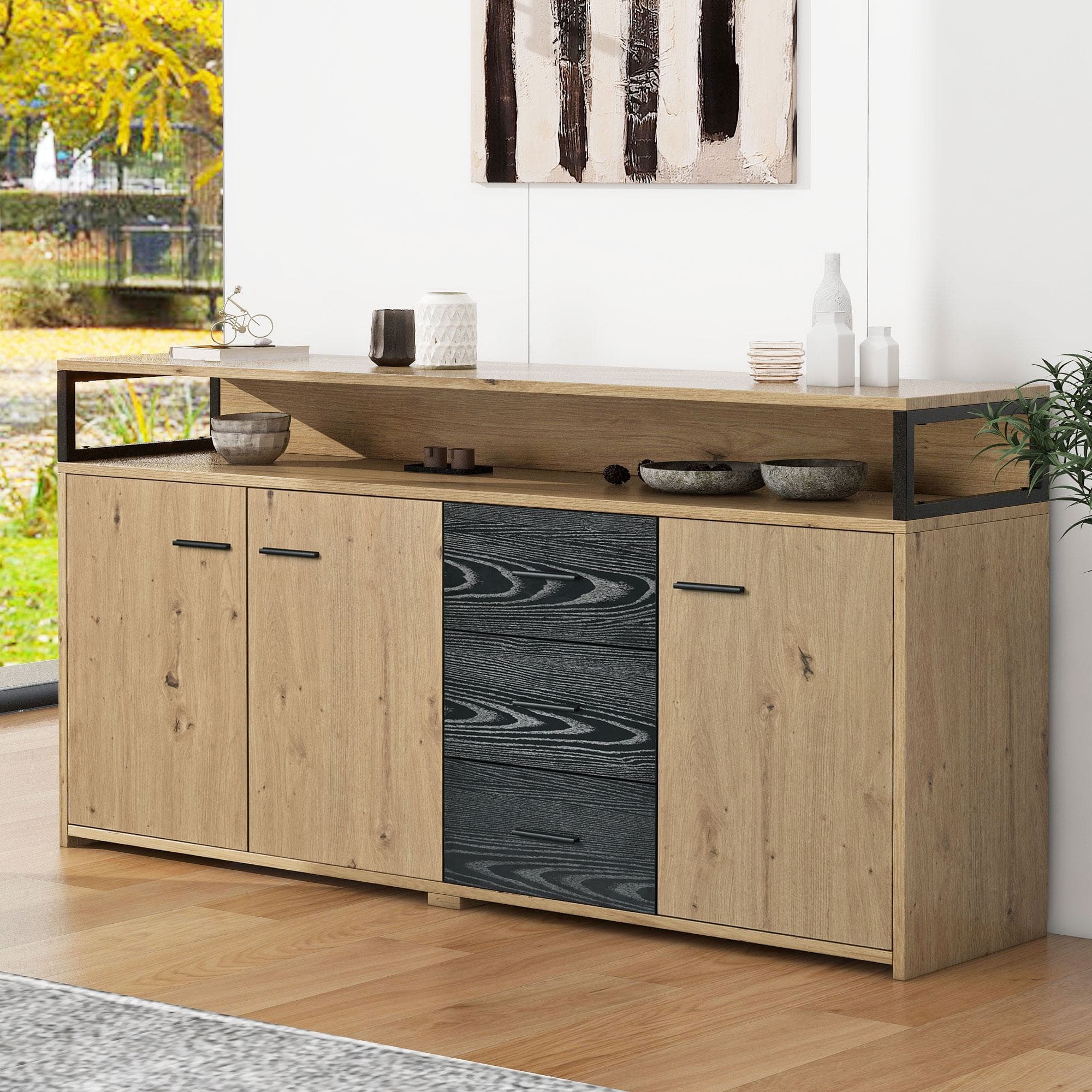 Crédence cuisine Buffet multifonctionnelle avec 3 portes et 3 tiroirs, poignées en métal, mobilier de cuisine, 150x35x75,9 cm, Marron noir Aosom France