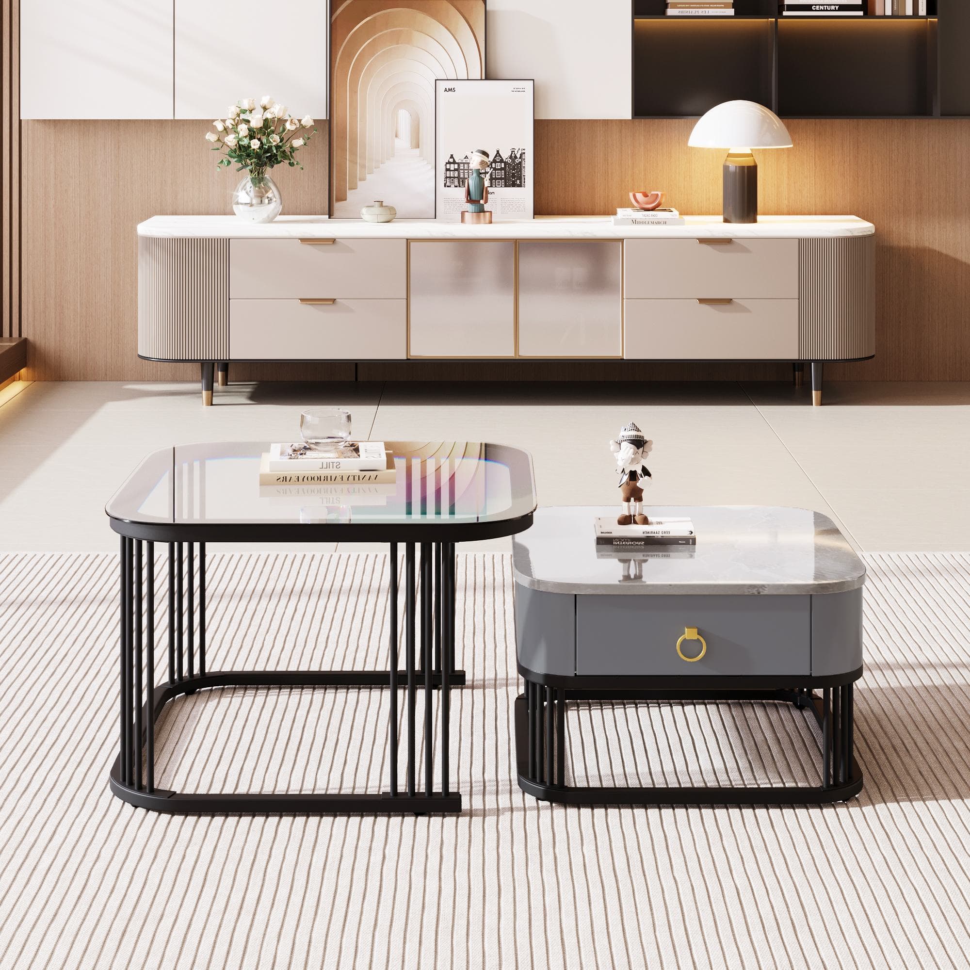 Ensemble de 2 Tables Basses Gigognes avec Plateau en Marbre Brillant et Verre, Structure en Métal et Tiroirs, 60x60x42 cm + 50x50x34 cm, Noir