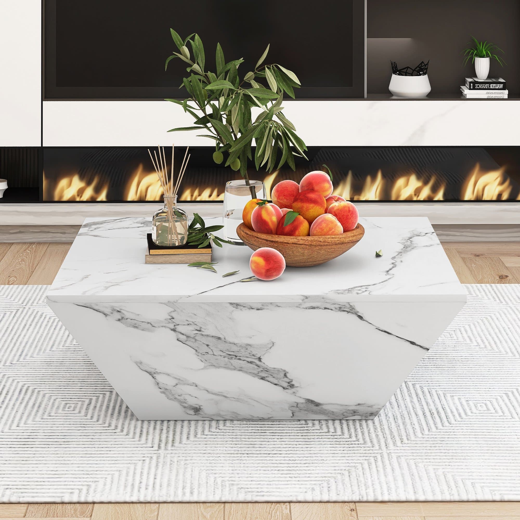 Table basse blanche, Table de salon moderne, Trapézoïdale en MDF avec Finition Marbre, 2 Tiroirs, Design Unique et Stable, 70x70x37 cm Aosom France