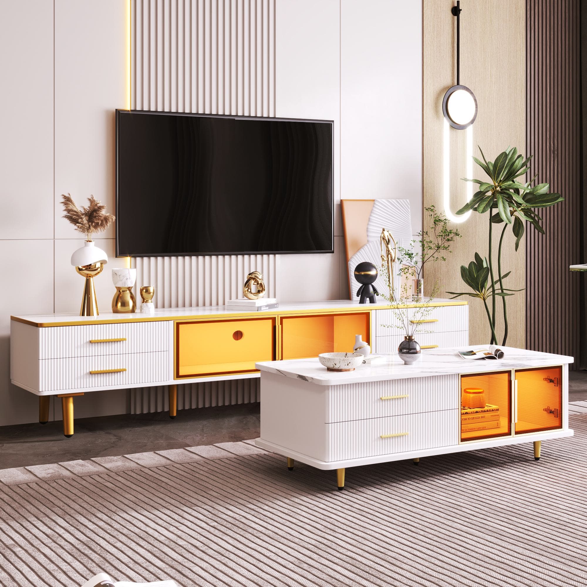 Table basse blanche, Table de salon moderne, avec plateau et porte en verre trempé, tiroirs ondulés, 100x50x40 cm Aosom France