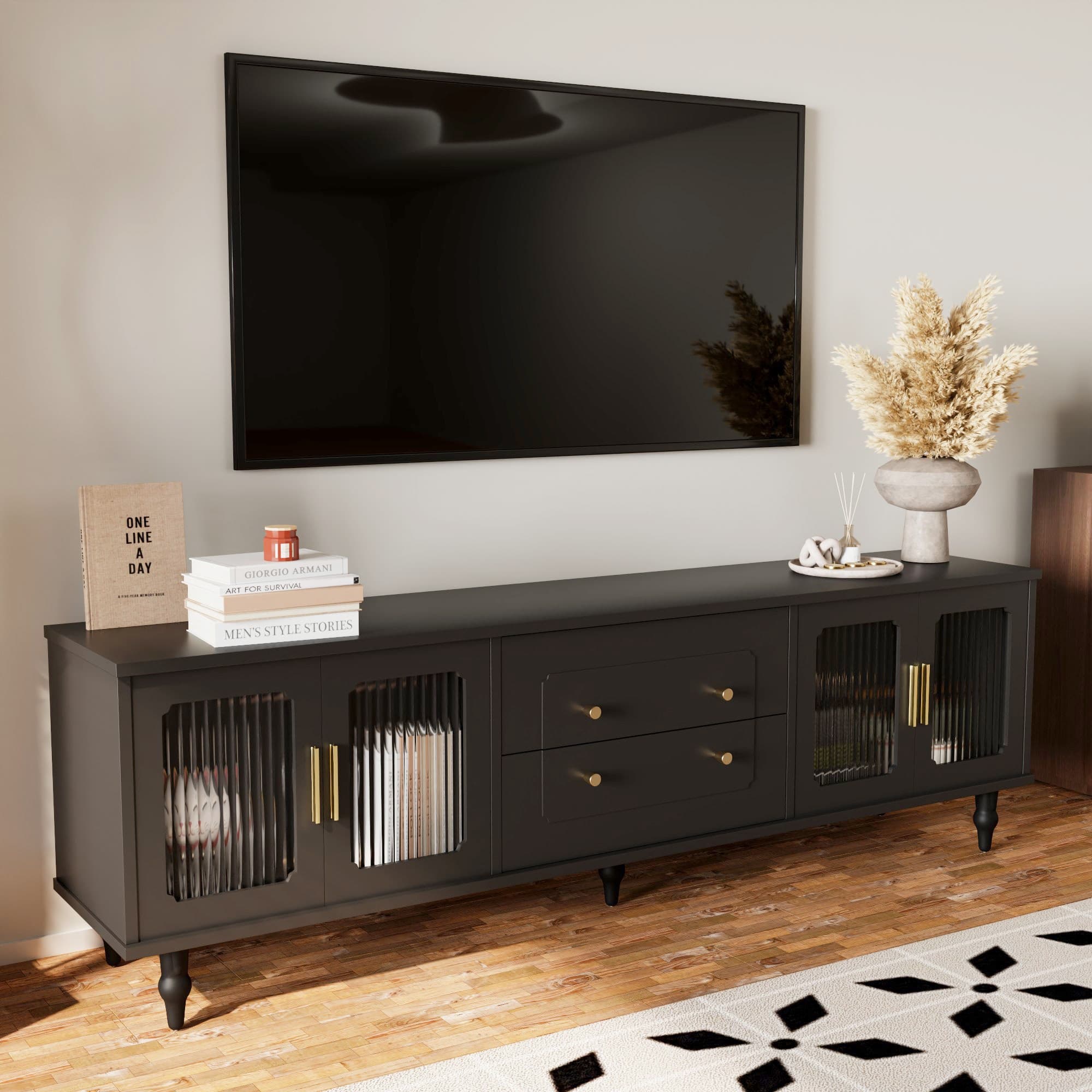 Meuble TV Mobile au Style Rétro avec Poignées Dorées, Grand Espace de Rangement, Porte en Verre et Pieds en Bois Massif, 175x38x55,5 cm, Noir
