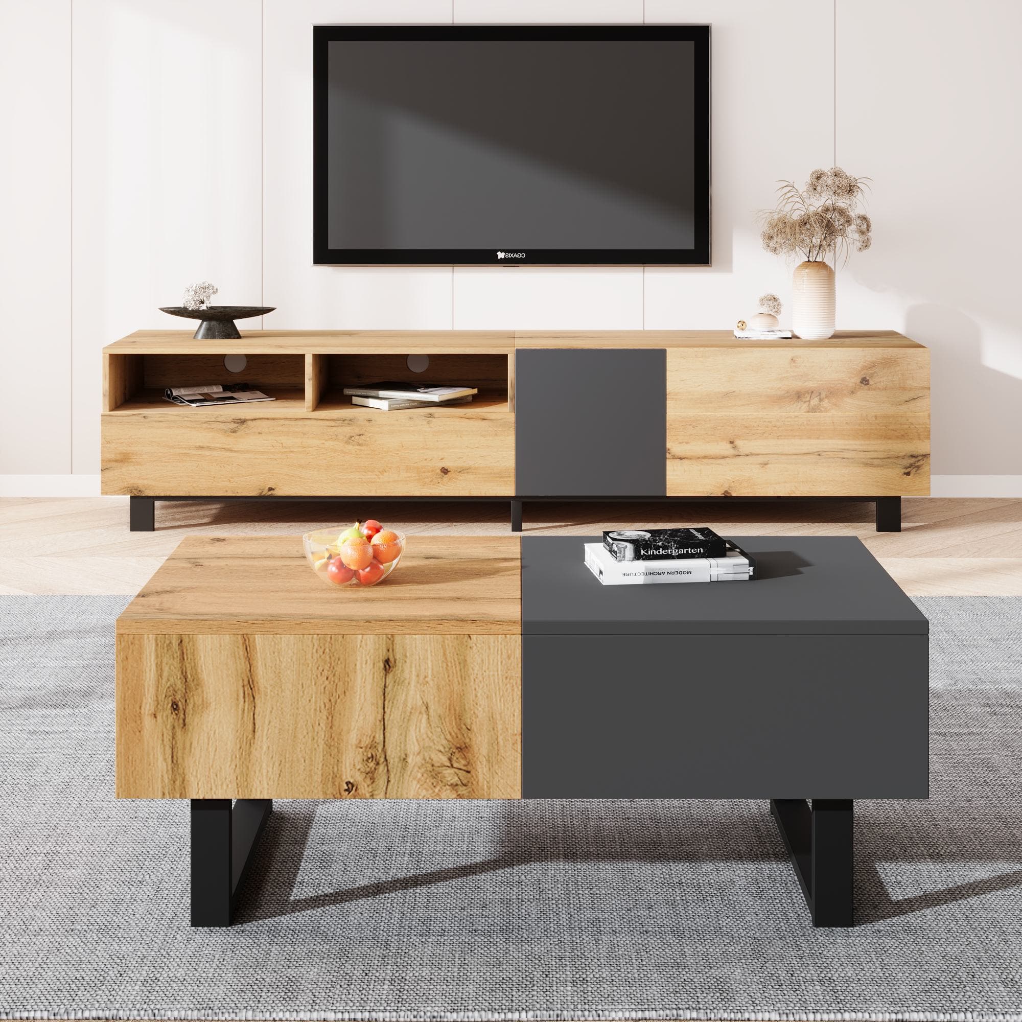 Table basse design, Table de salon avec rangement caché, cadre en métal, adaptée à la maison et au bureau, 155x55x22 cm, Naturel Aosom France
