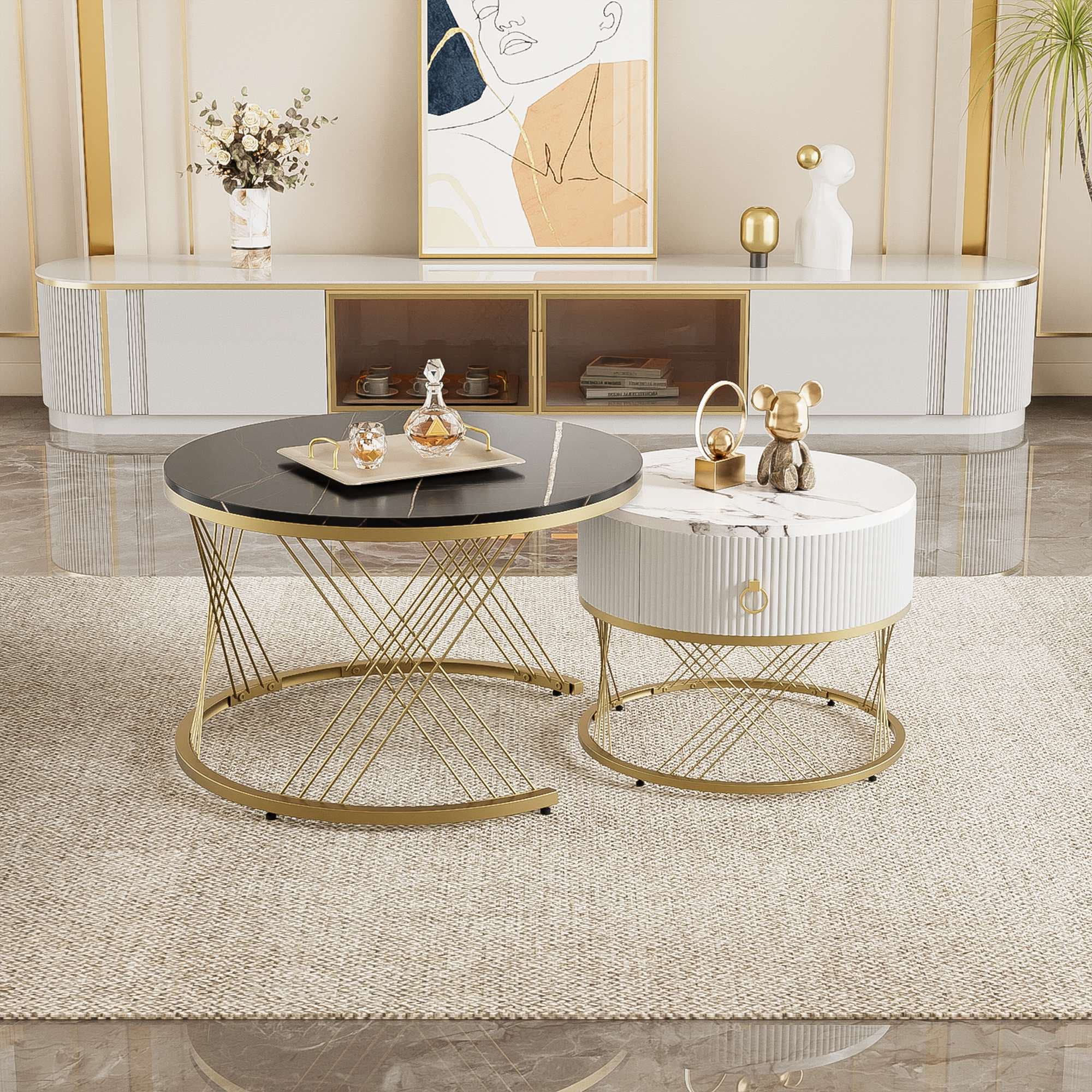 Lot de 2 tables basses gigognes modernes, Table ronde modulables en marbre synthétique avec tiroirs, 70x70x45 cm et 50x50x40 cm, Noir Aosom France