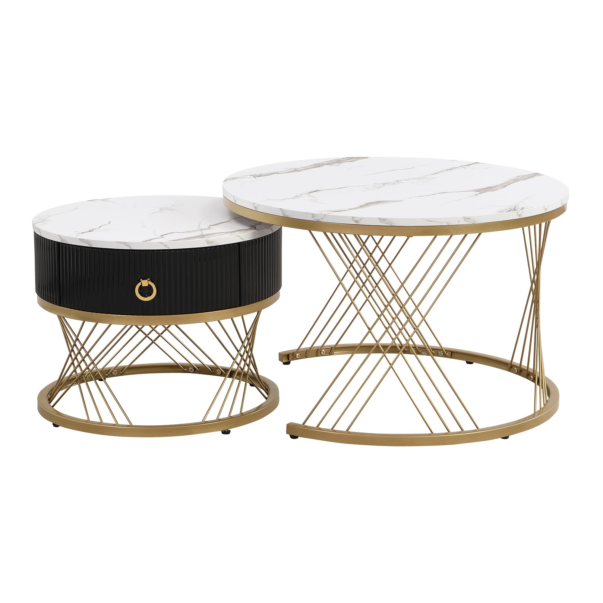 Table basse ronde Tables basses gigognes Table de salon modulables en marbre synthétique avec tiroirs, 70x70x45cm et 50x50x40cm, Blanc Aosom France