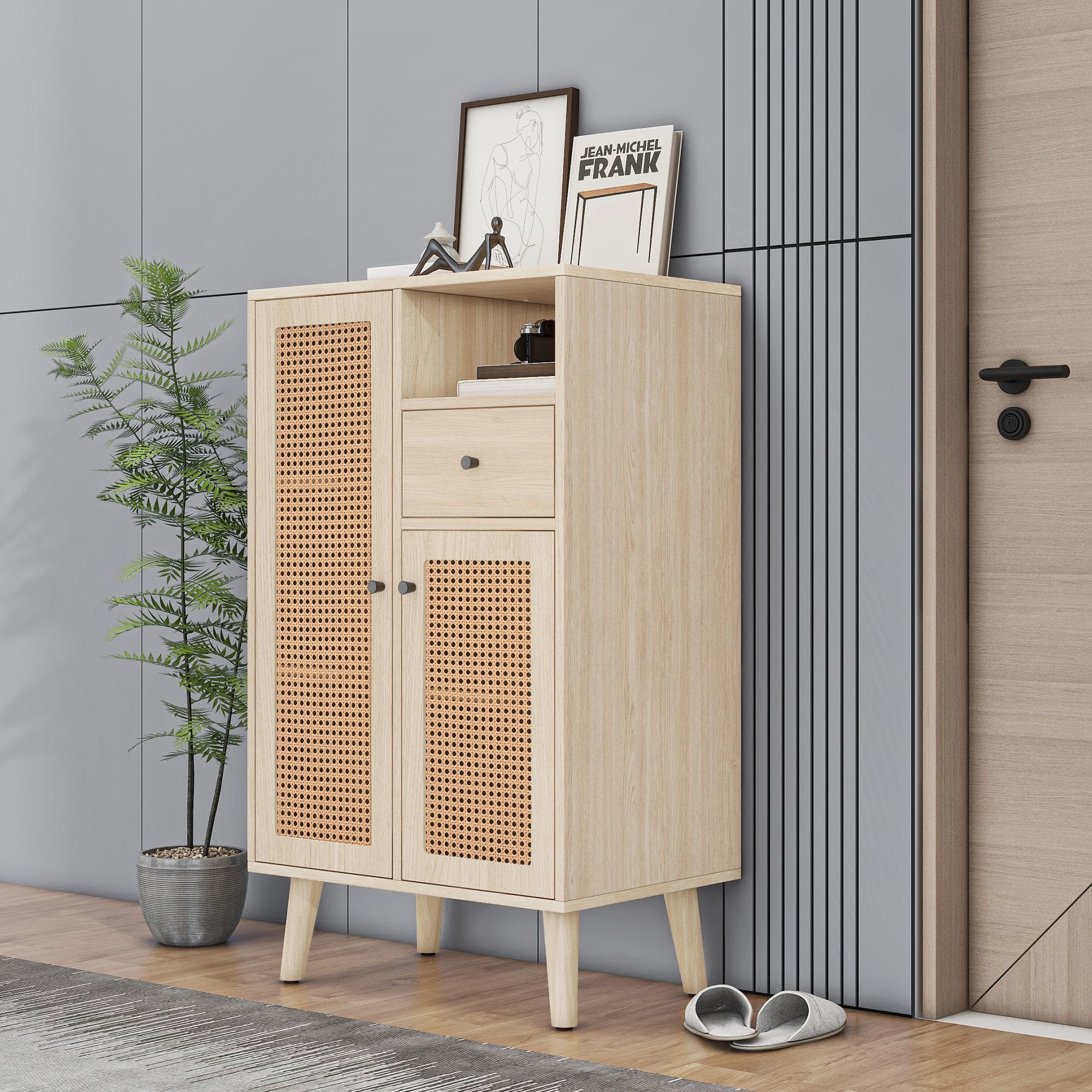 Buffet Moderne en Style Scandinave avec 2 Portes en Rotin et 1 Tiroir, Grand Espace de Rangement, 60x40x101 cm, pour Cuisine ou Salon, Chêne Aosom France