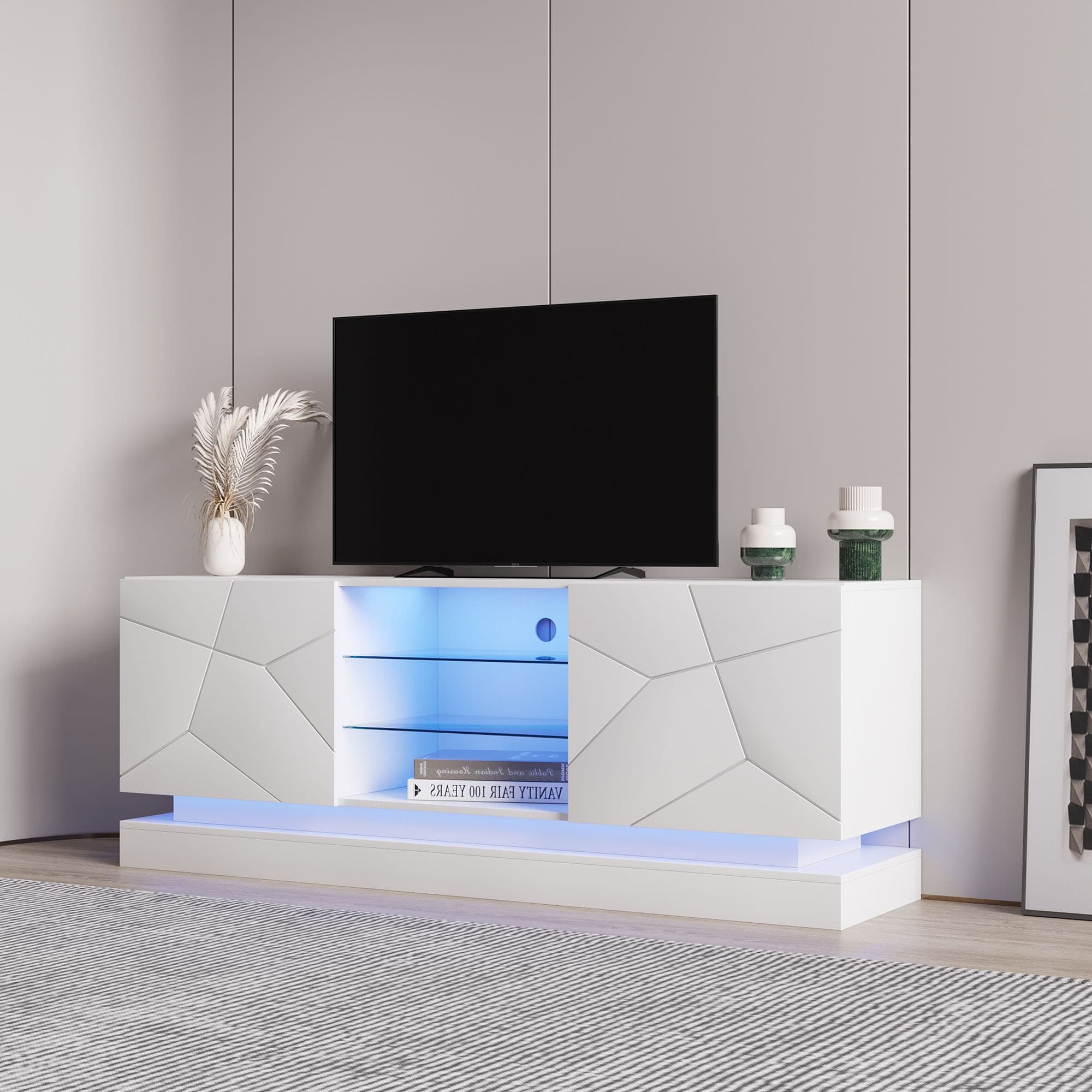 Meuble TV Moderne Brillant avec Étagère en Verre Réglable et Charnières Silencieuses, Support pour TV jusqu'à 70 Pouces, 160x38,5x60 cm, Blanc