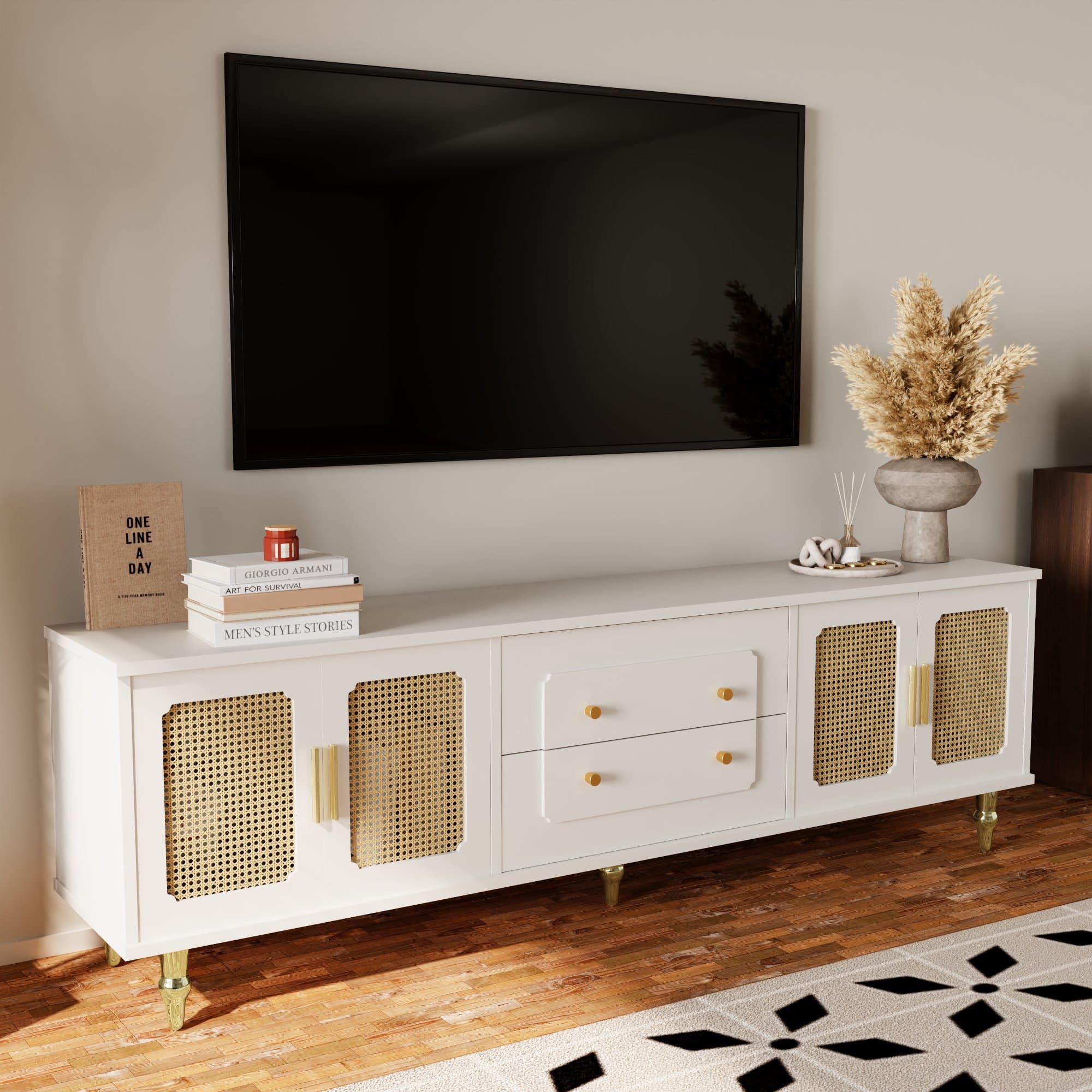 Meuble TV rétro avec poignées dorées, portes en rotin et pieds en métal, grand espace de rangement, 175x38x55,5 cm, Blanc