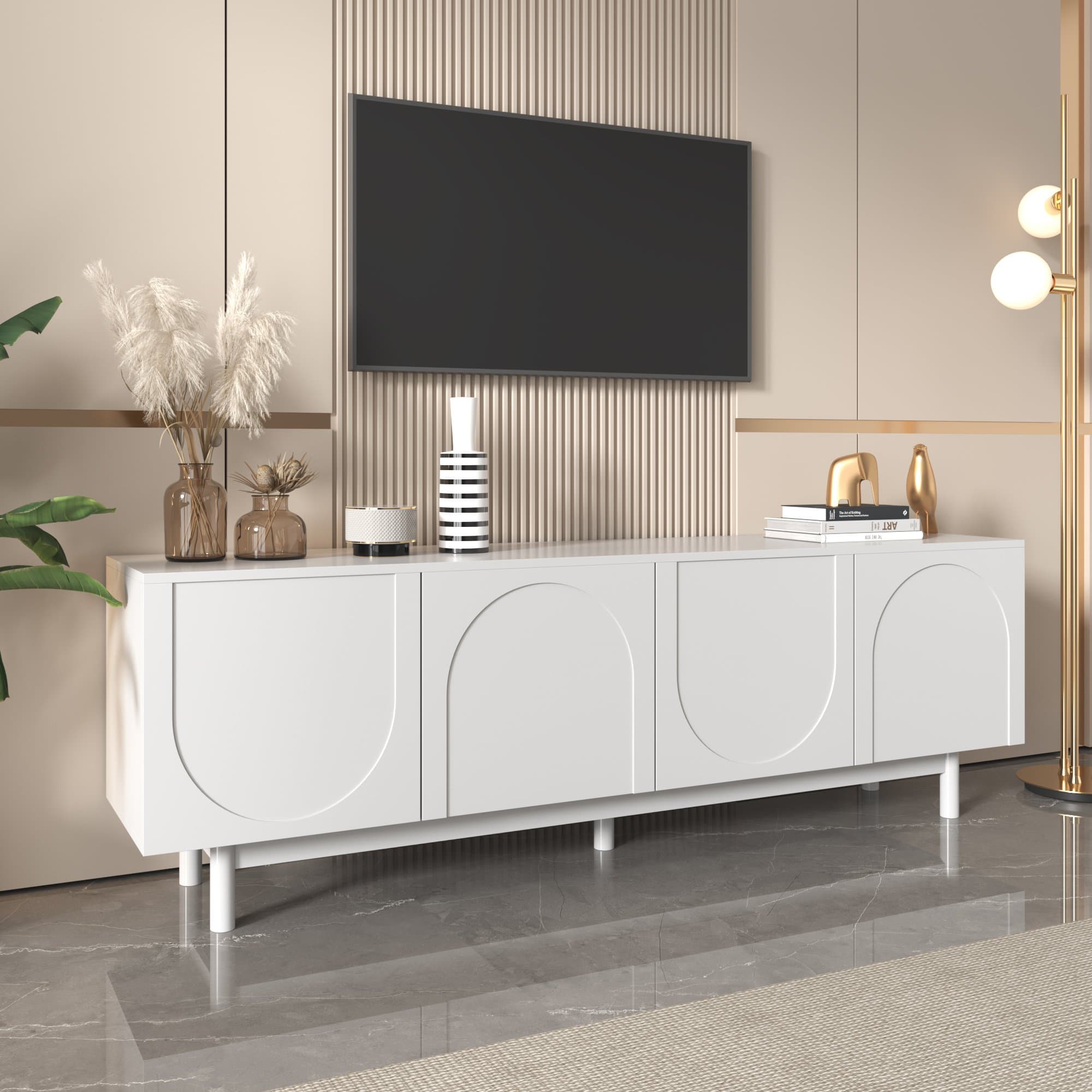 Meuble TV élégant en style luxueux avec portes structurées et étagères réglables, 175x38x56 cm, Blanc