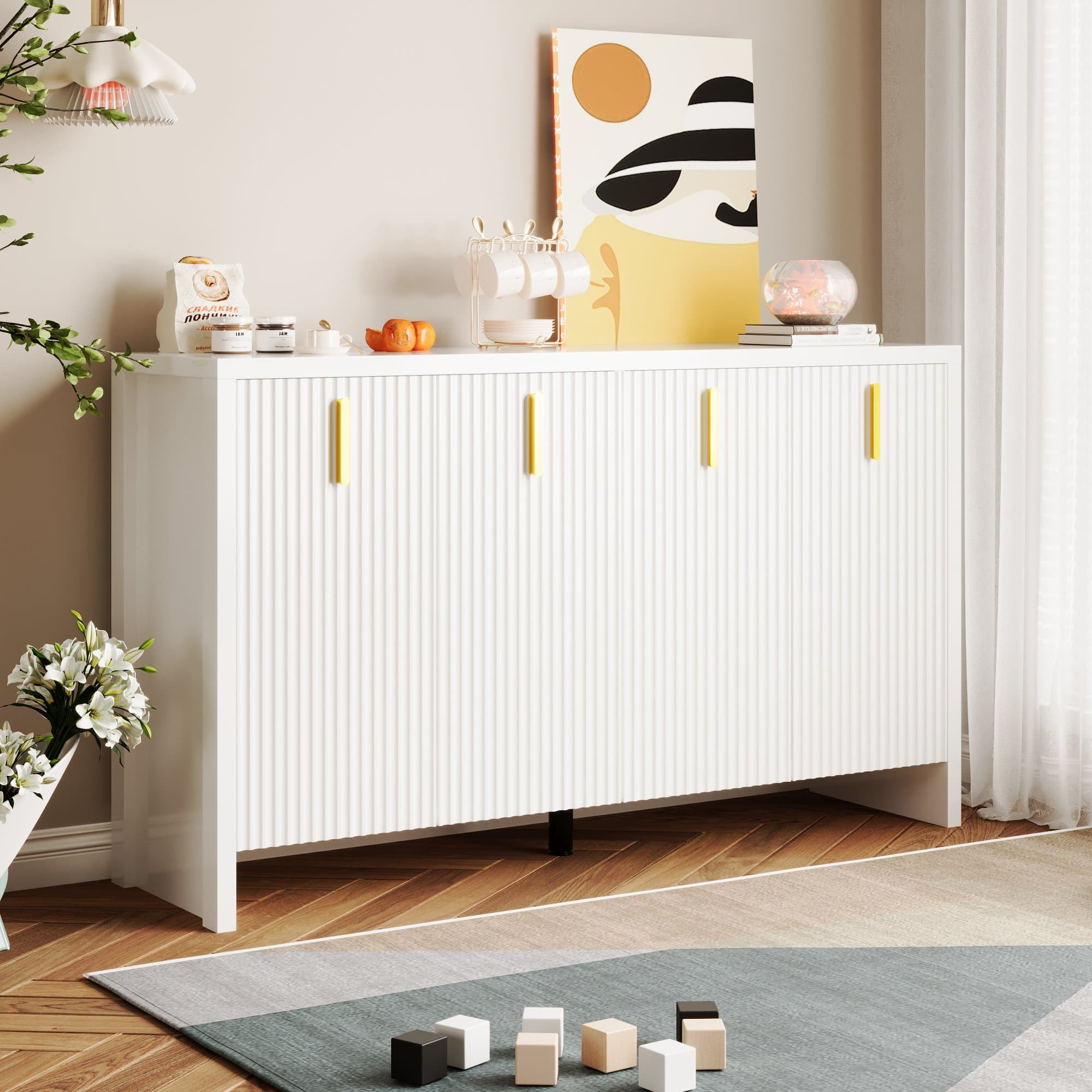 Crédence cuisine, Buffet moderne avec Poignées Dorées et Étagères Réglables, 140x38x80 cm - Parfaite pour Cuisine et Salon, Blanc Aosom France