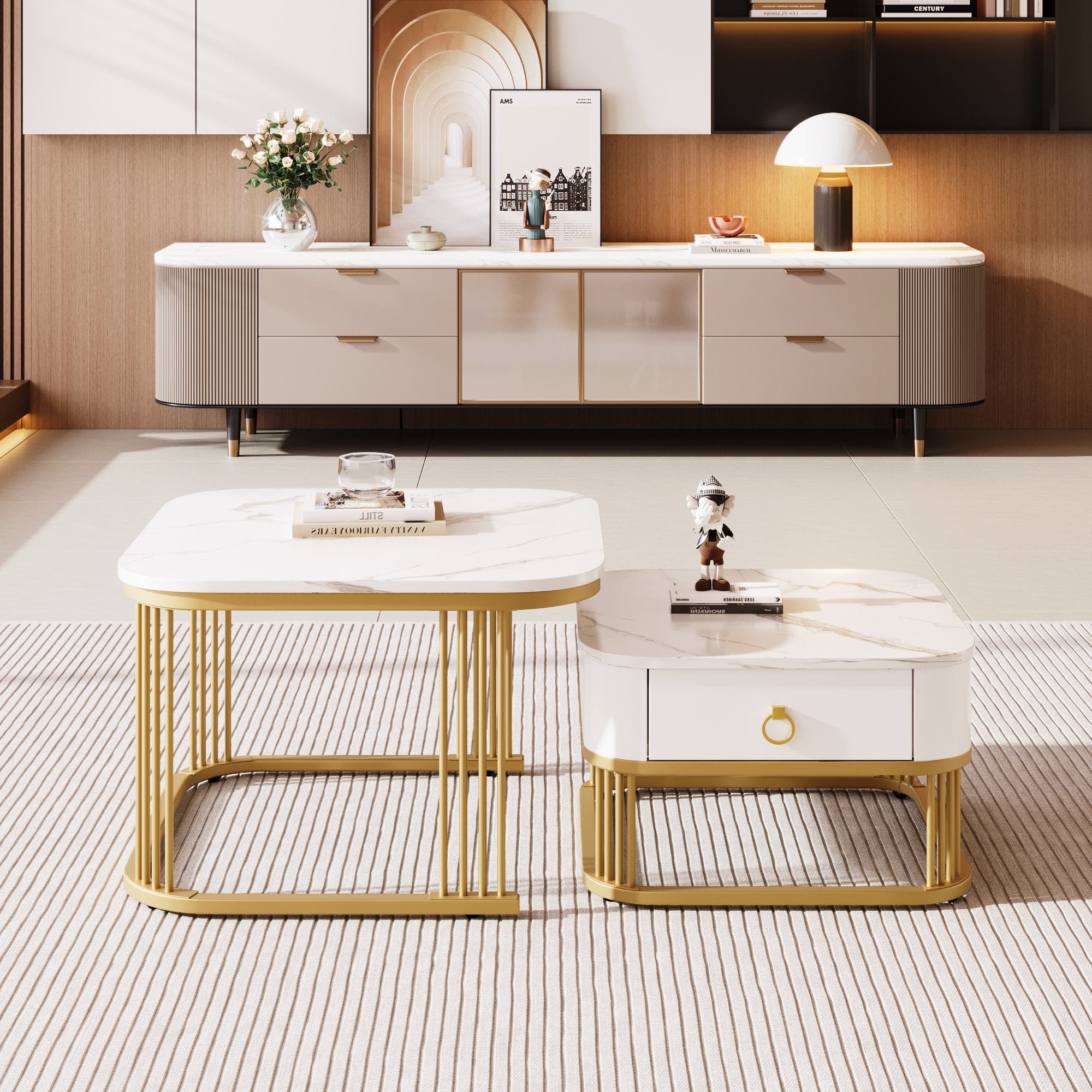 Ensemble de Tables Basses Gigognes en Marbre Poli avec Détails Dorés et Tiroirs, 60x60x45 cm + 50x50x34 cm, Blanc