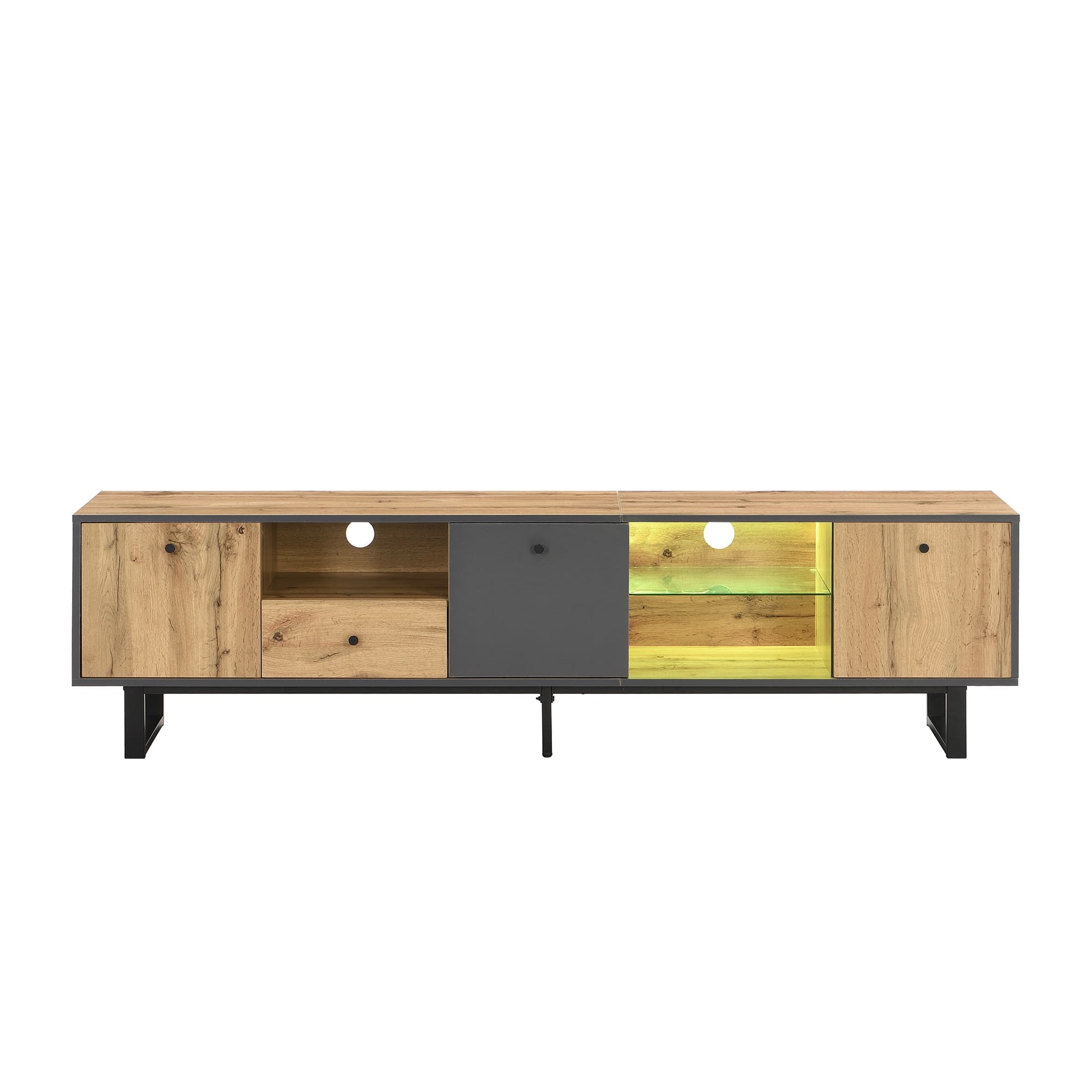 Meuble TV Bas pour Salon avec Effets Lumineux LED, Étagères en Verre et Charnières Amorties, 190x40x50 cm, Naturel