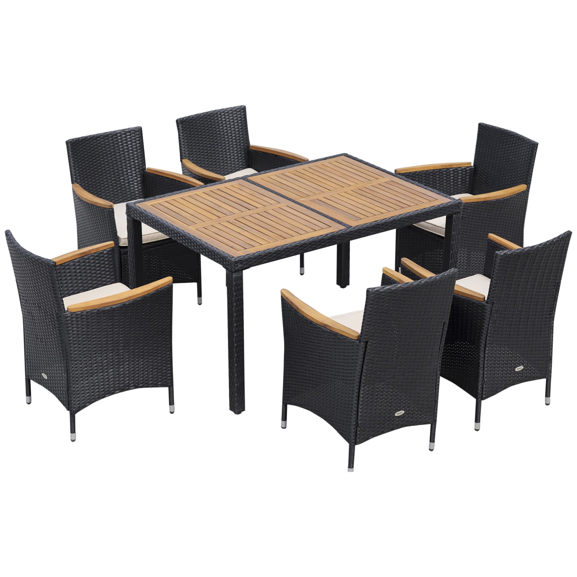 Outsunny Ensemble salon de jardin 6 personnes rectangulaire + 6 fauteuils & coussins lavables acier résine tressée PE bois d'acacia noir et beige