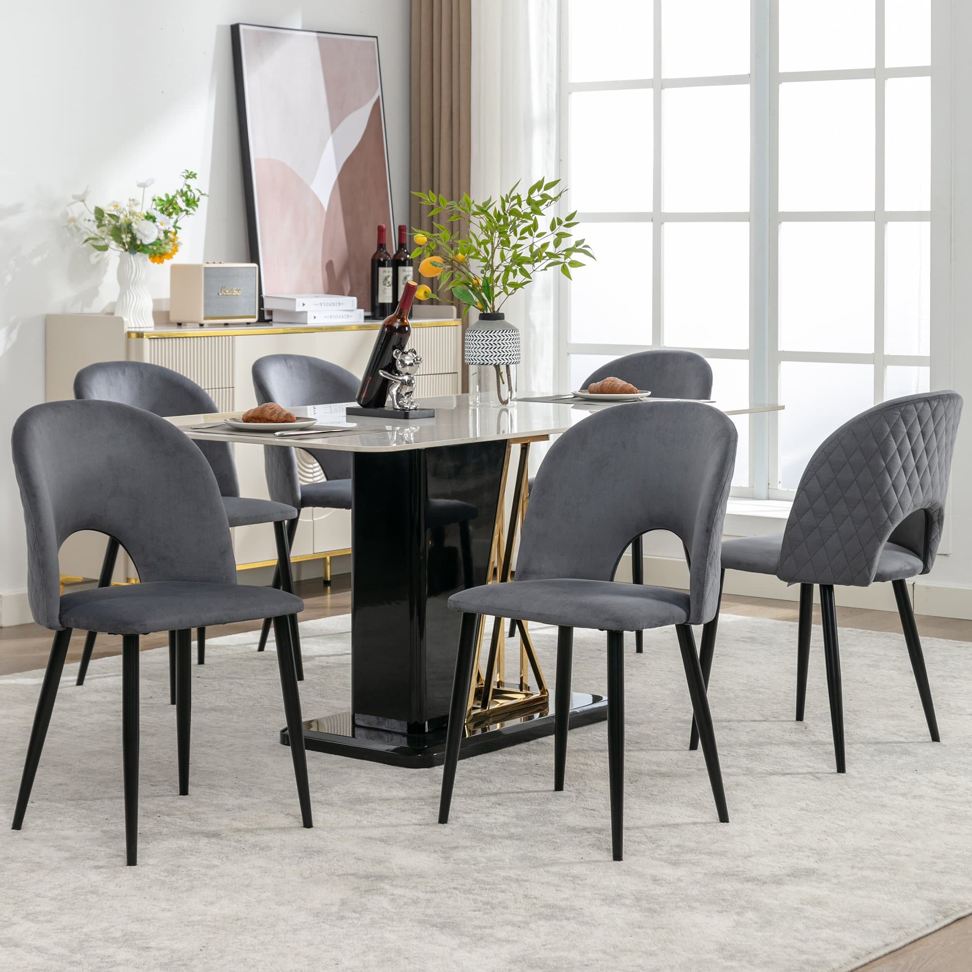 Ensemble de 6 rembourrés Chaises de salle à manger hors de velours avec diamanté Dossier et structure en métal, Gris
