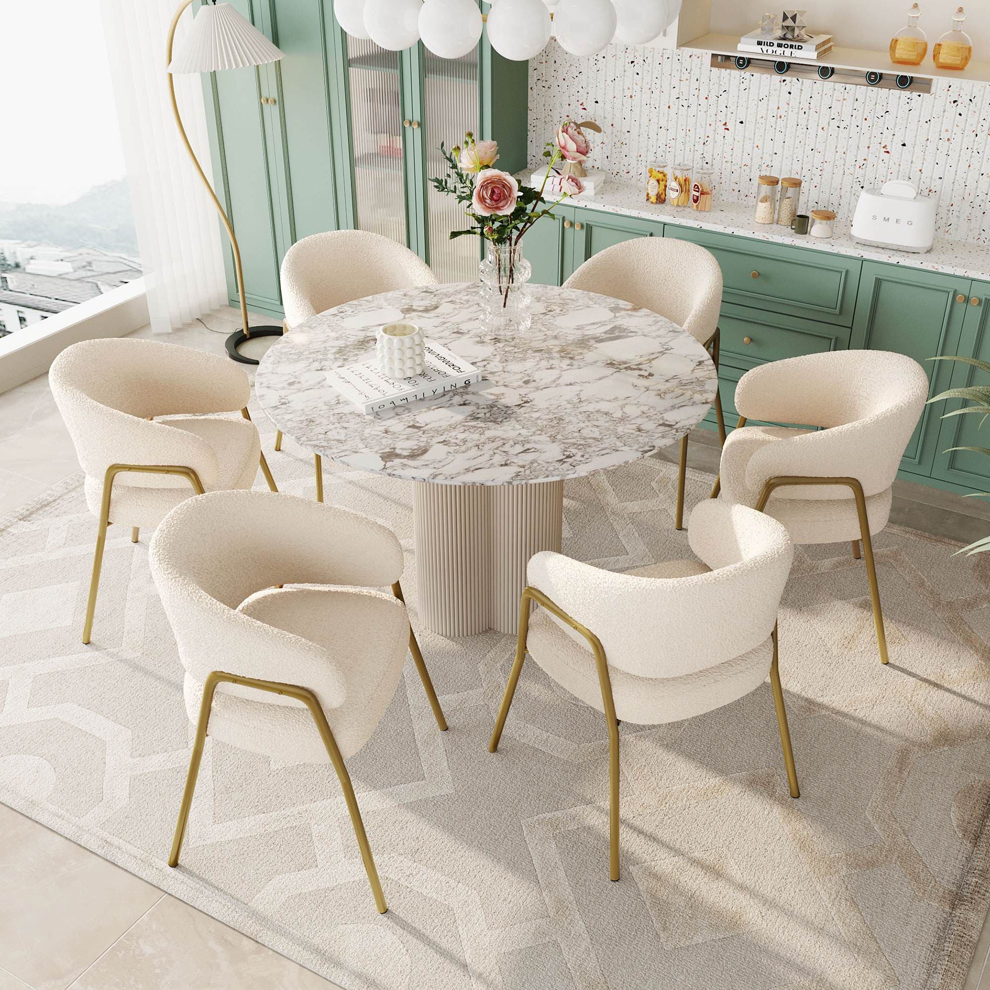 Ensemble de 6 modernes et confortables Chaises de salle à manger, en tissu de sherpa et doré Pieds, Blanc