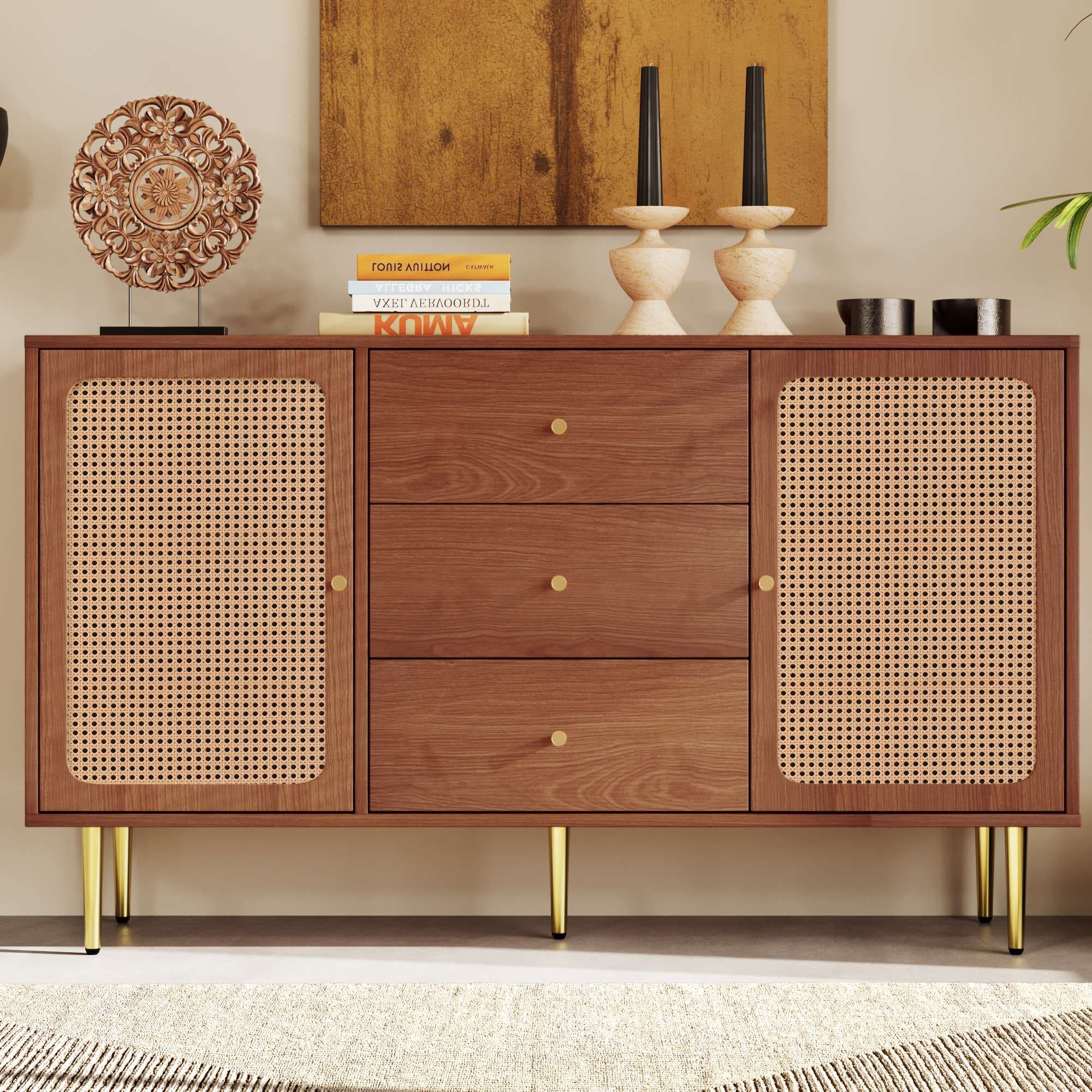 Commode 3 tiroirs Buffet moderne Crédence cuisine avec 2 portes et, MDF et métal, 150x40x90 cm, Couleur Naturelle Aosom France