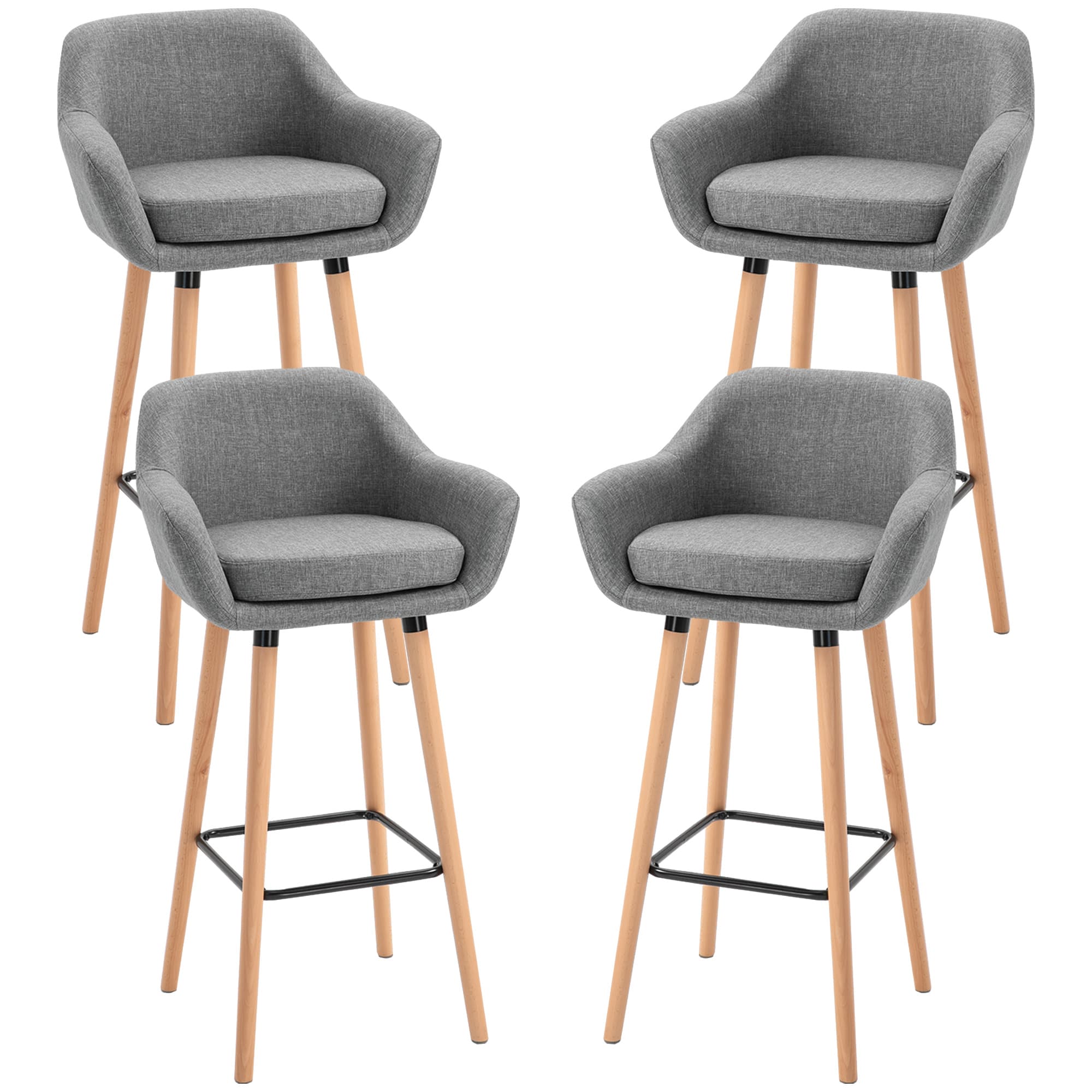 HOMCOM Tabourets de Bar Design scandinave Lot de 4 tabourets de Bar avec Repose-Pieds et accoudoirs Bois massif Lin Gris foncé