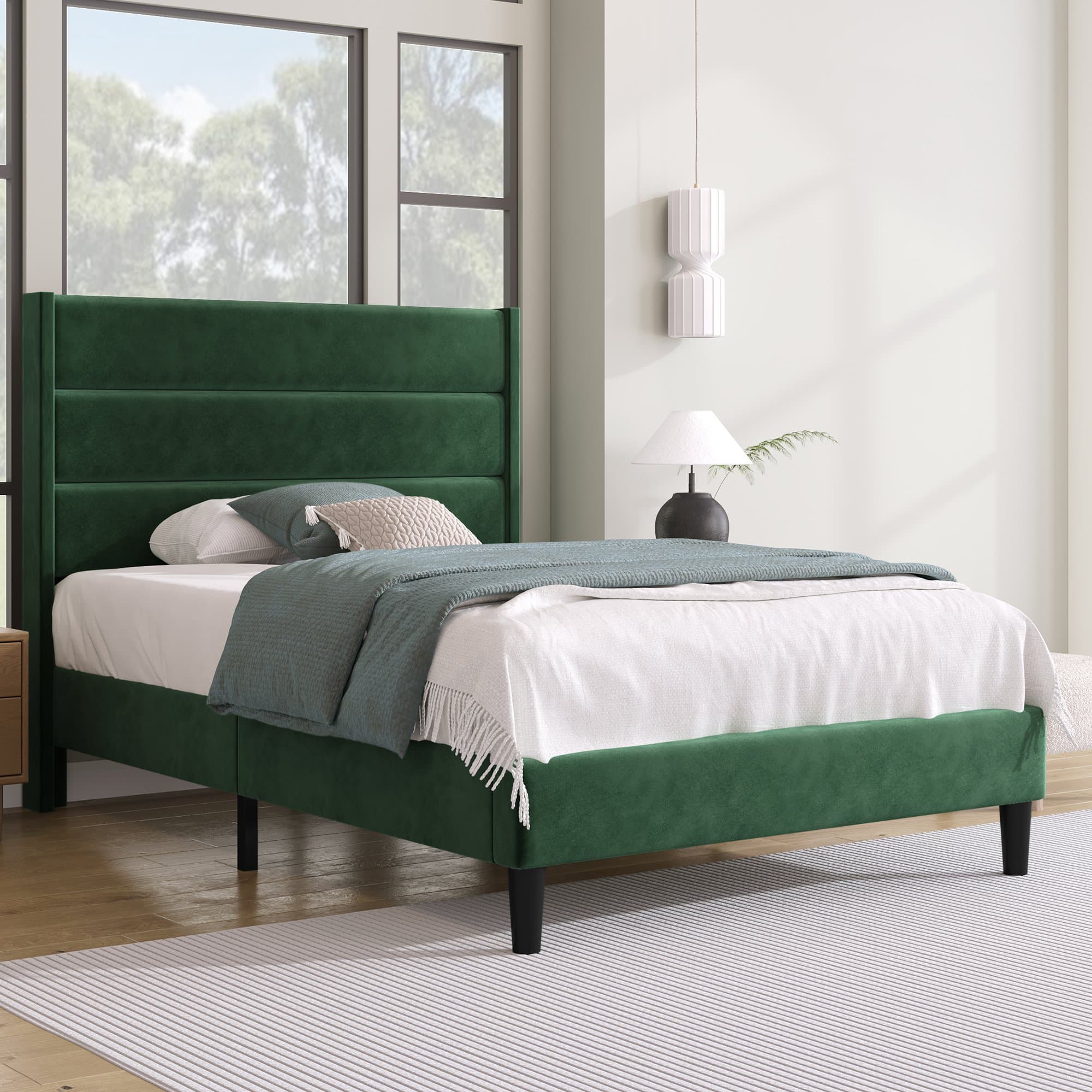 Lit simple 90x200 avec Sommier et tête de lit au Design Moderne en Tissu Velouté, Grand Confort et Déhoussable, sans matelas, Vert Aosom France