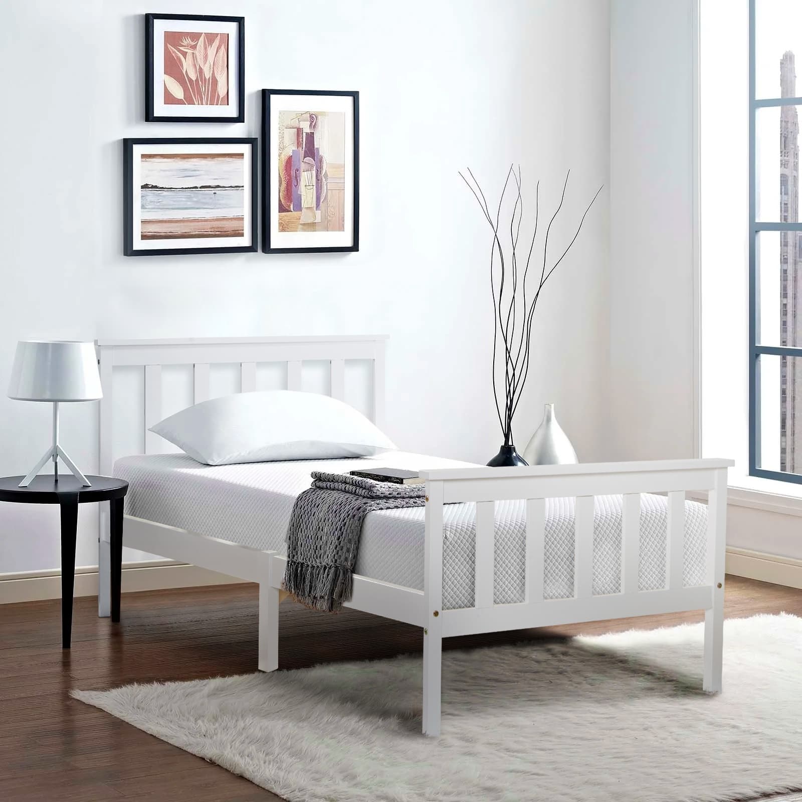 Lit simple avec Sommier à Lattes, Design Minimaliste, Capacité Maximale 80 kg, Sans Matelas, 90x200 cm, Blanc