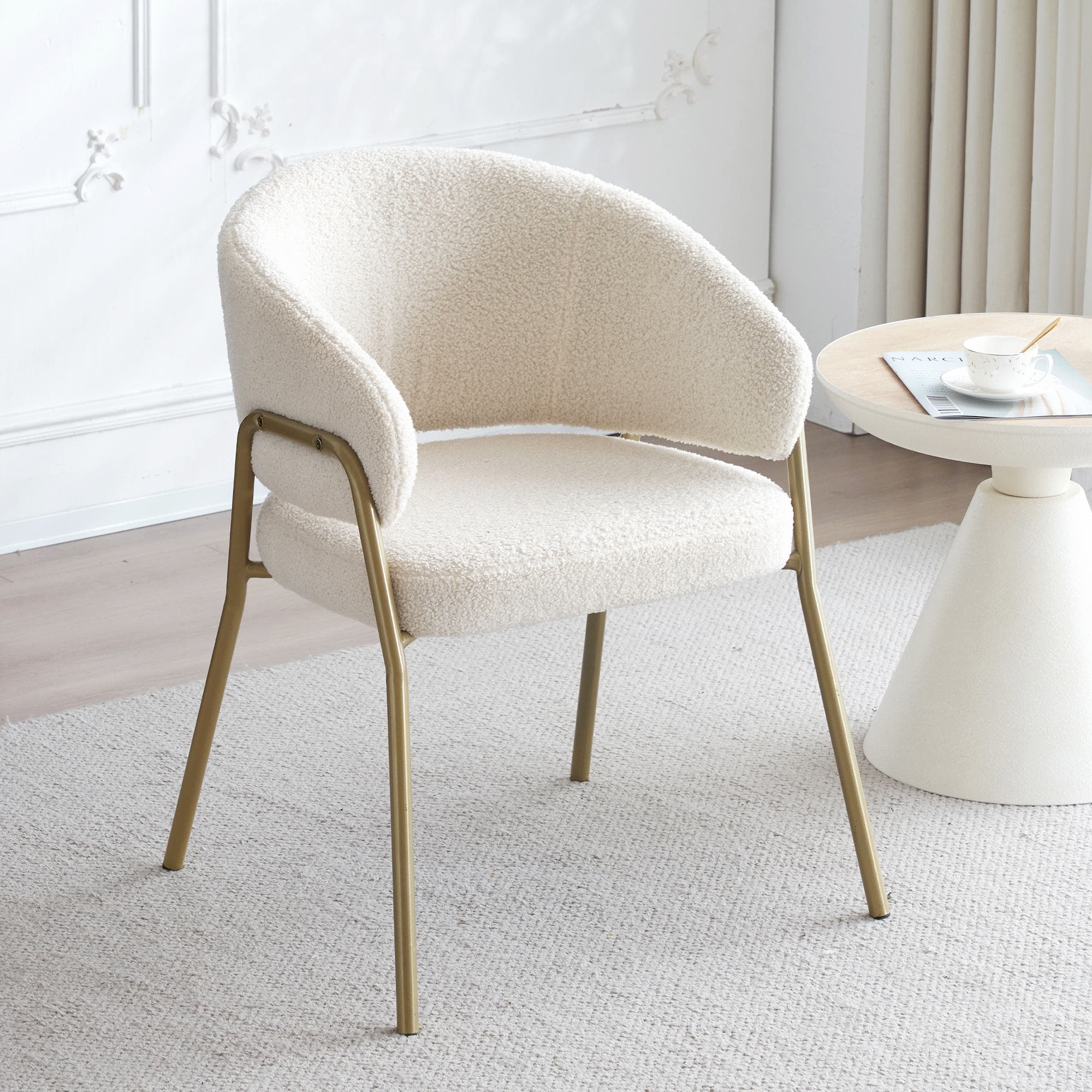 Chaise de Salle à Manger Moderne en tissu de sherpa avec Accoudoirs et Dossier Ergonomique, Pieds en Métal, rembourré Chaises, Blanc