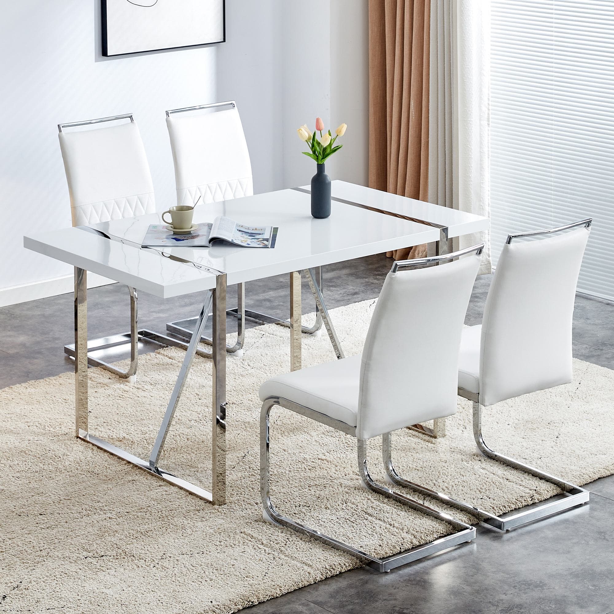 Ensemble de 4 modernes Chaises de salle à manger avec plus haut dossier Fabriqué en PU et lin, Design ergonomique et protecteur pieds, Blanc