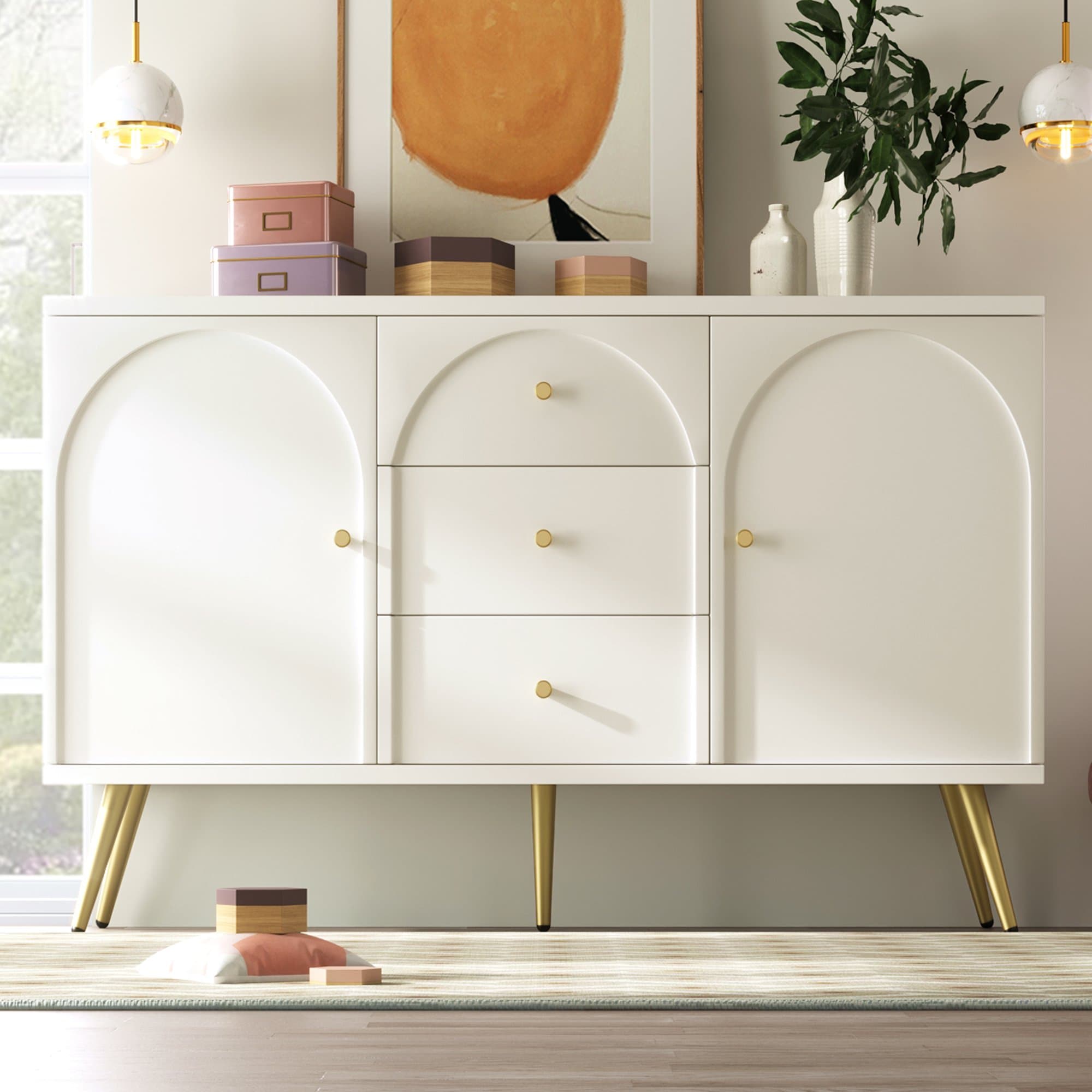 Commode 3 Tiroirs, Crédence Élégante avec 2 Portes, Étagère Réglable, Meuble de Rangement pour Chambre à Coucher, Blanc Crème Aosom France