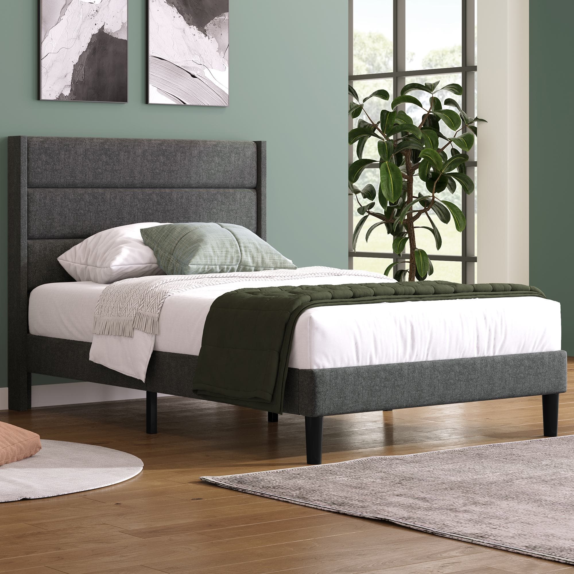 Lit simple, Lit simple 90x200 avec sommier à lattes et tête de lit, tissu coton-lin, design moderne, sans matelas, Gris foncé Aosom France