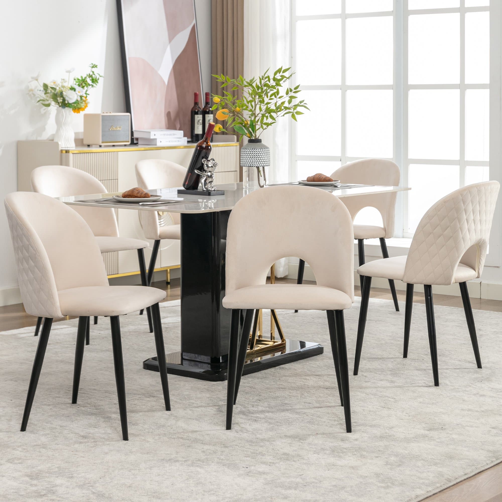 Ensemble de 6 rembourrés Chaises de salle à manger hors de velours avec diamanté Dossier et structure en métal, Beige