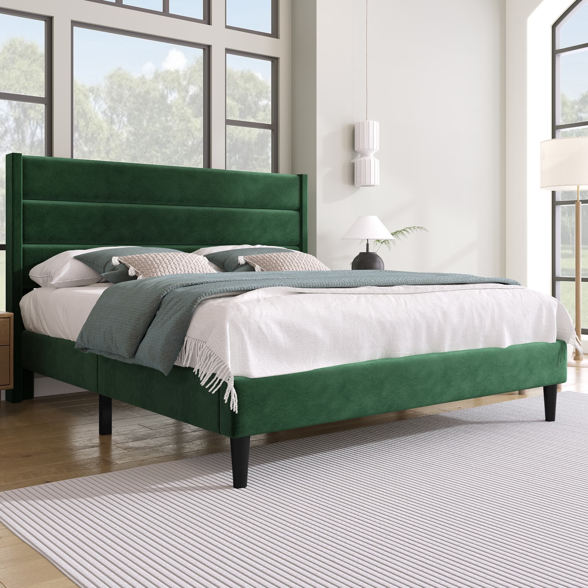 Lit Double, Lits 2 places avec Rembourré Tête de Lit et Sommier à Lattes, Housse Hors de Tissu Velours, sans matelas, 140x200 cm, Vert Aosom France