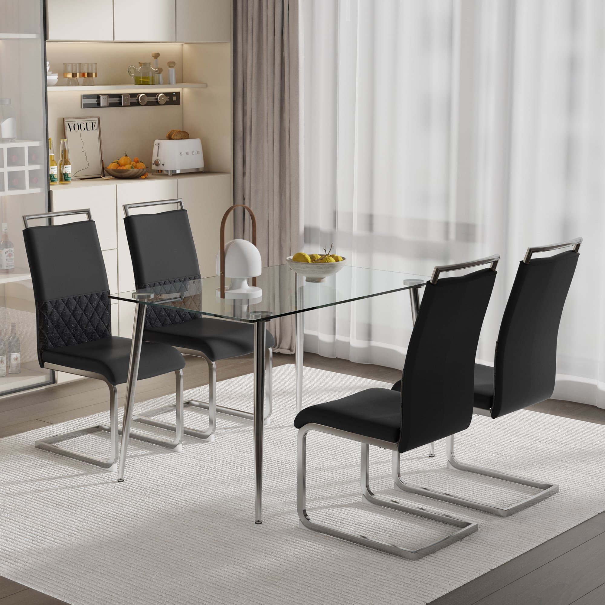 Ensemble de 4 modernes Chaises de salle à manger avec plus haut dossier Fabriqué en PU et lin, Design ergonomique et protecteur pieds, Noirs