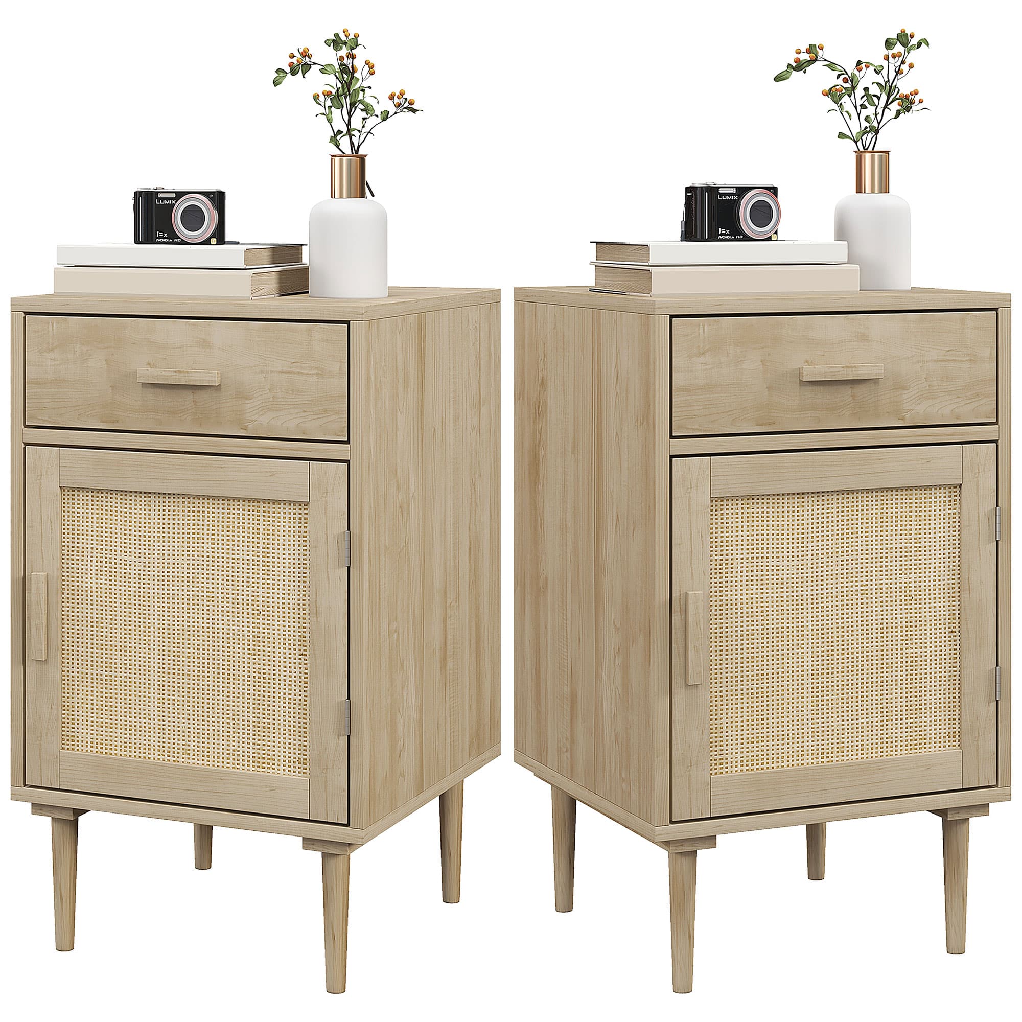 Lot de 2 tables de chevet avec placard et étagère porte rotin tissé 1 tiroir design bohème - 40 x 40 x 68,5 cm naturel
