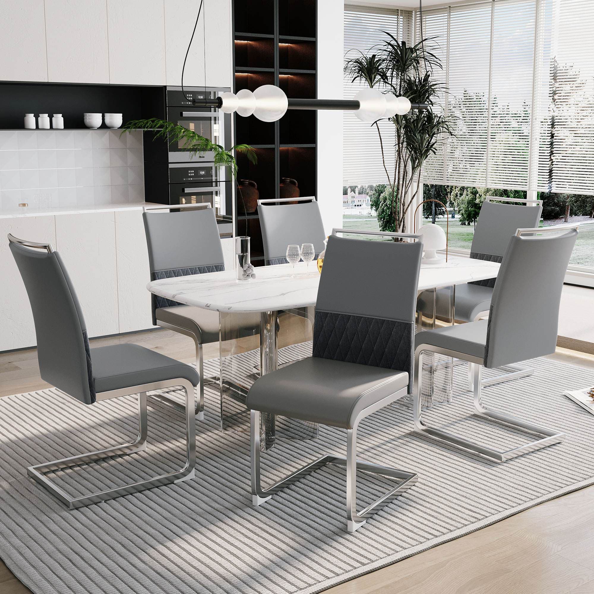 Ensemble de 6 chaises de salle à manger modernes et ergonomiques avec dossier haut en PU et lin rembourré, design pour cuisine et bureau, Gris