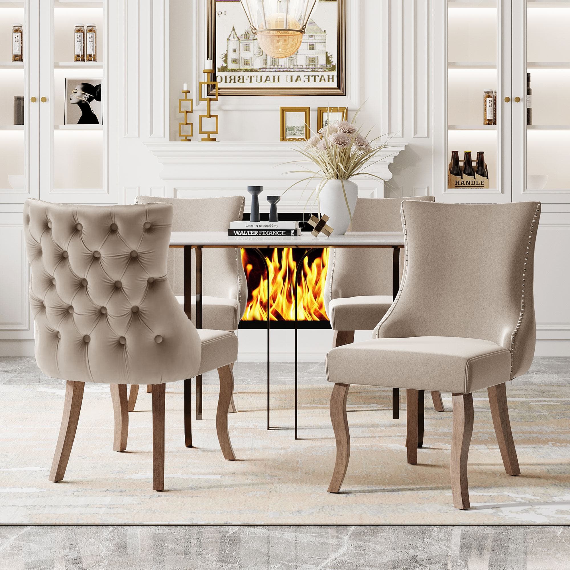 Ensemble de 4 rembourrés Chaises de salle à manger hors de velours avec Détails boutons et rivets métalliques, Beige