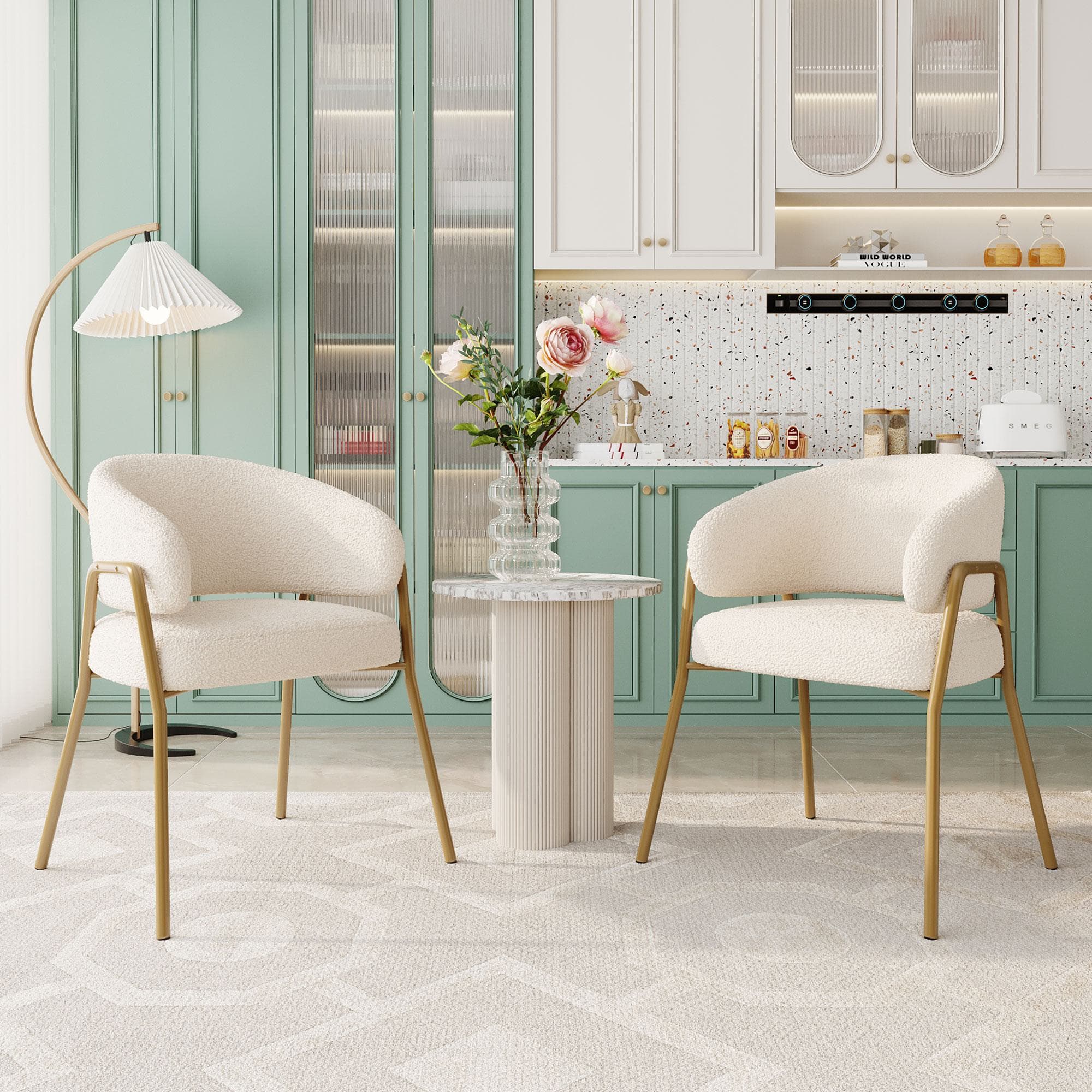 Ensemble de 2 rembourrés Chaises de salle à manger dans le conception moderne en tissu de sherpa avec doré Pieds, Blanc