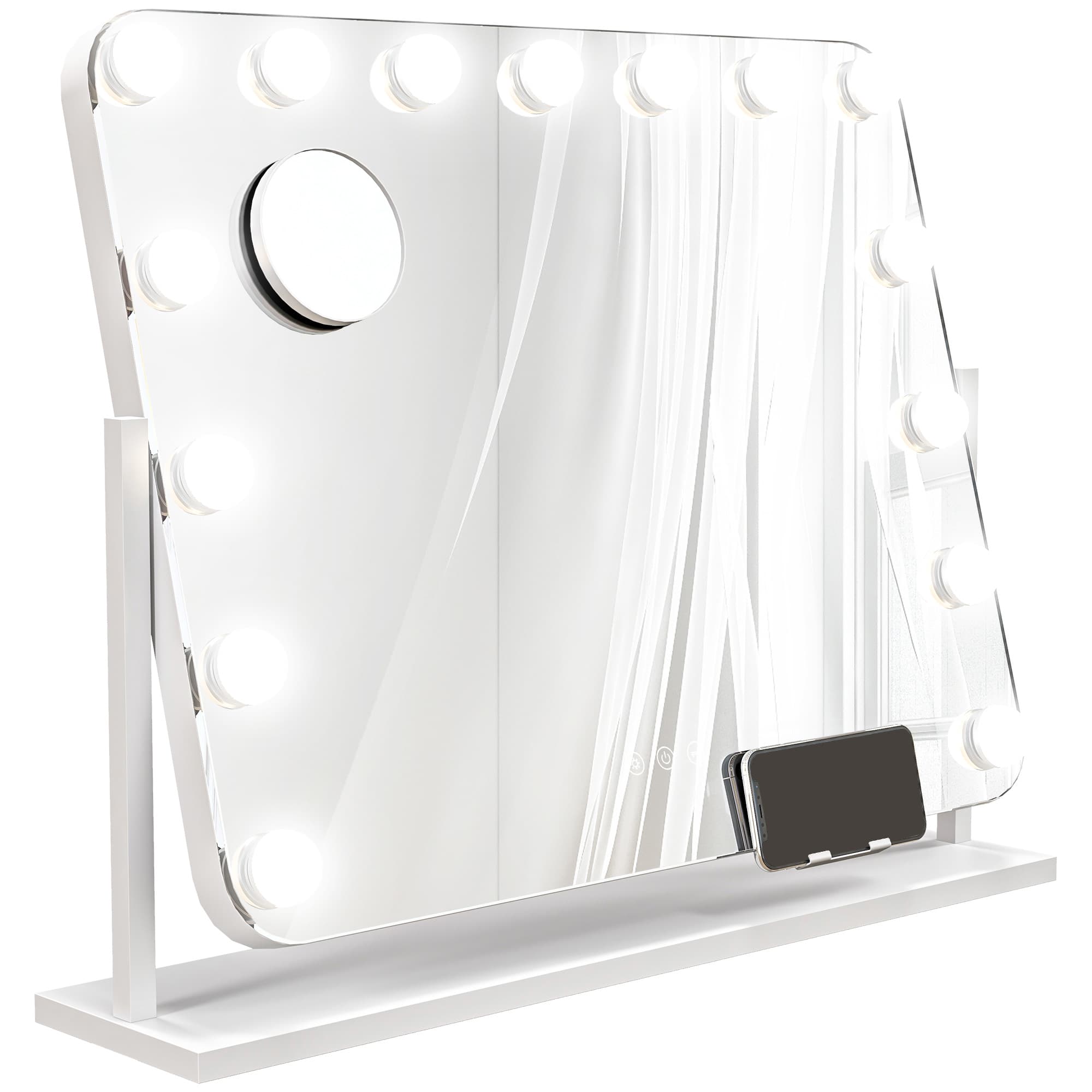 HOMCOM Miroir maquillage lumineux LED intensité réglable miroir grossissant port de charge USB, rotation à 360° 63 x 50 cm