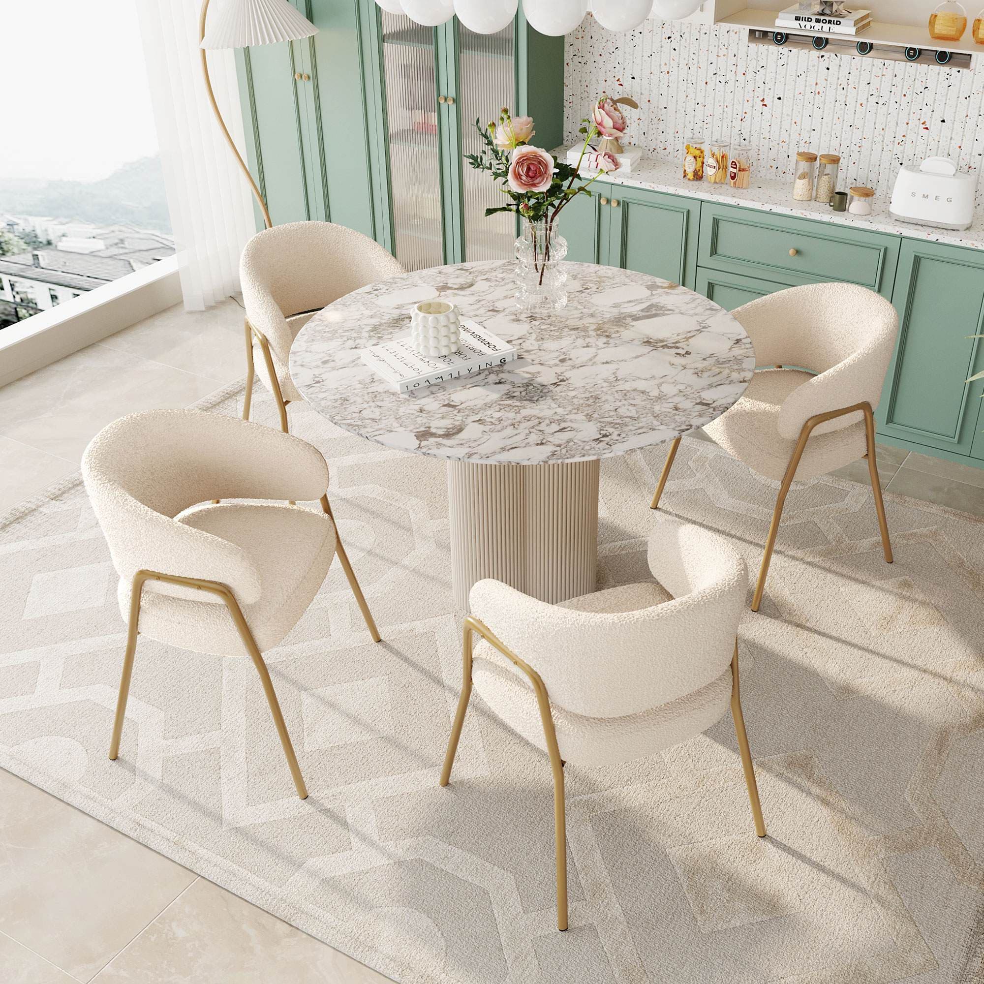 Ensemble de 4 modernes et confortables Chaises de salle à manger en tissu de sherpa avec doré Pieds, Blanc