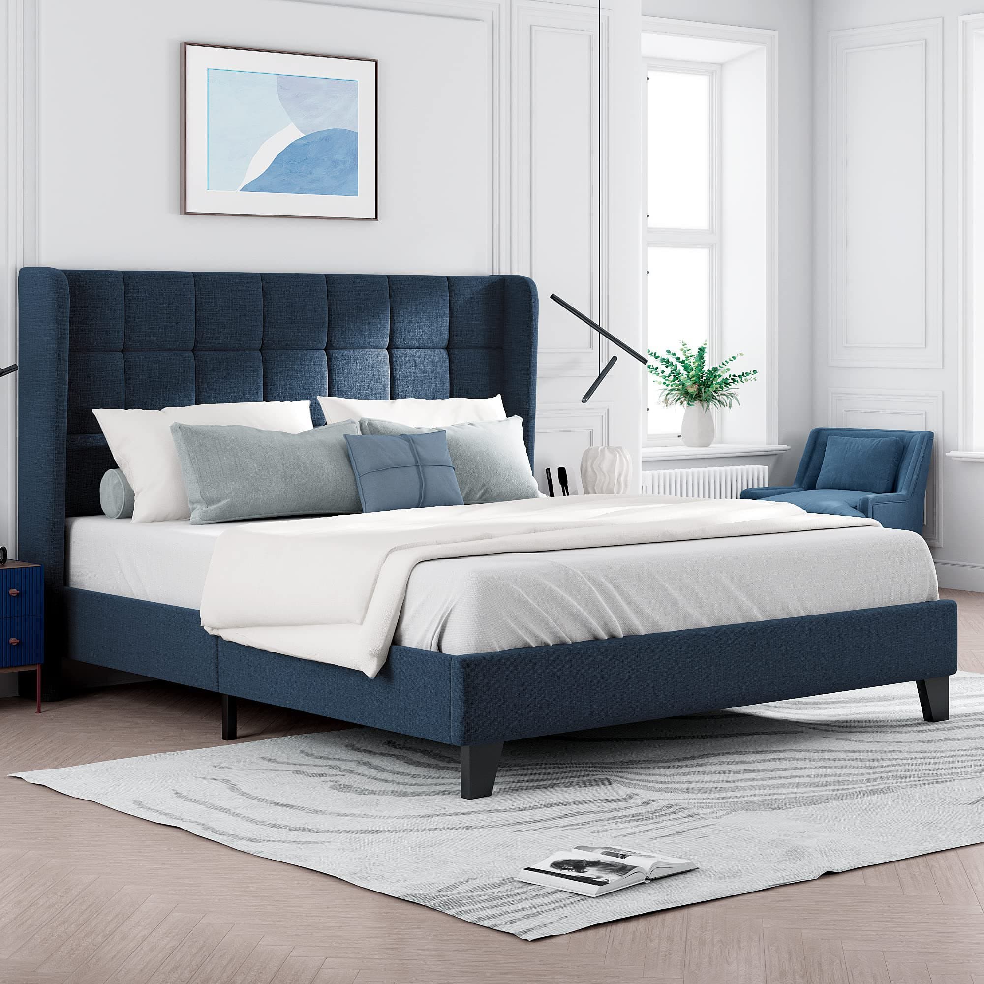 Lit Double avec Tête de Lit Rembourrée et Sommier à Lattes, Design Élégant en Lin, Grand Confort, sans matelas,140x200 cm, Bleu