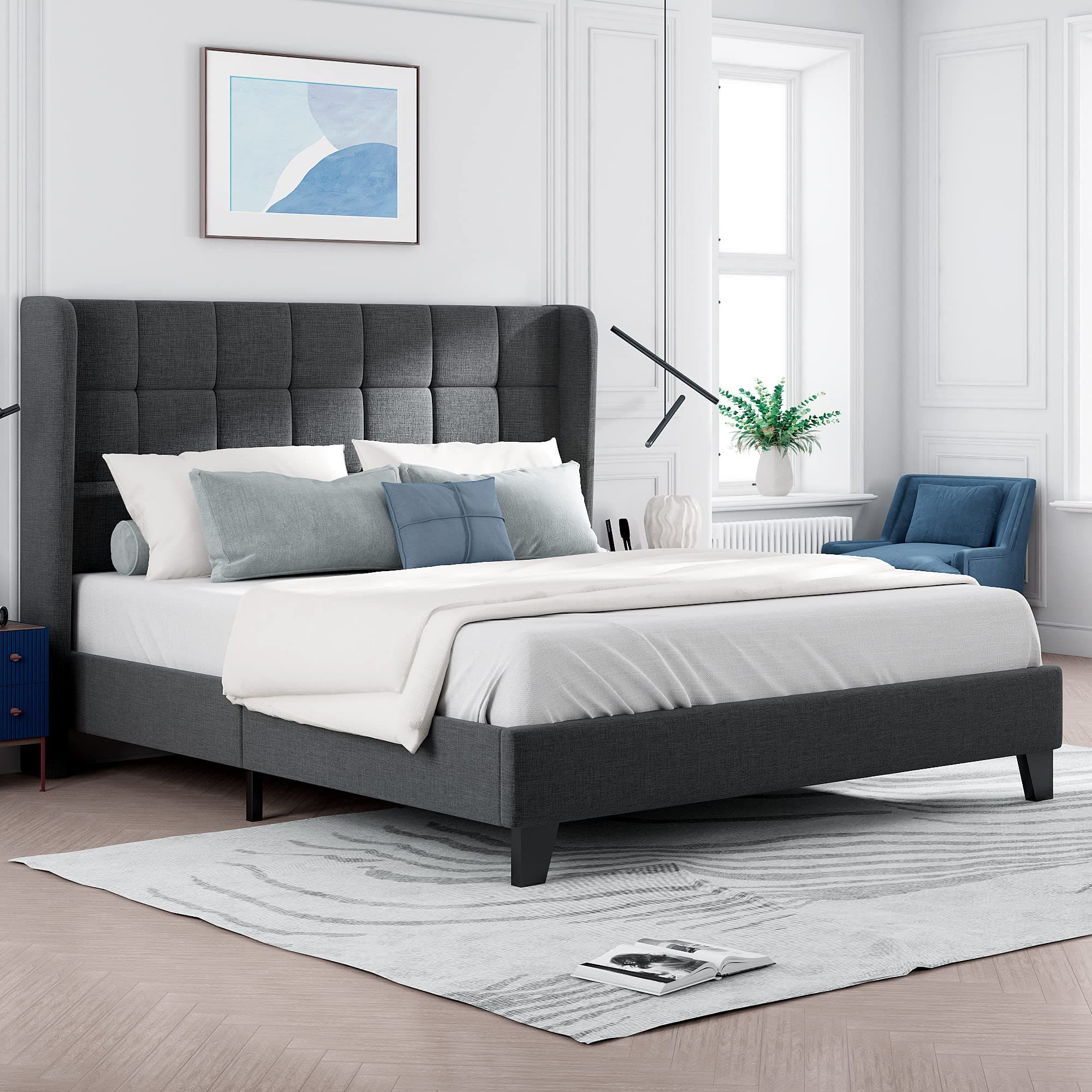 Lit Double, Lits 2 places de Style Classique, Tête de Lit Rembourrée et Sommier à Lattes, en Lin, sans matelas, 140x200 cm, Gris Aosom France