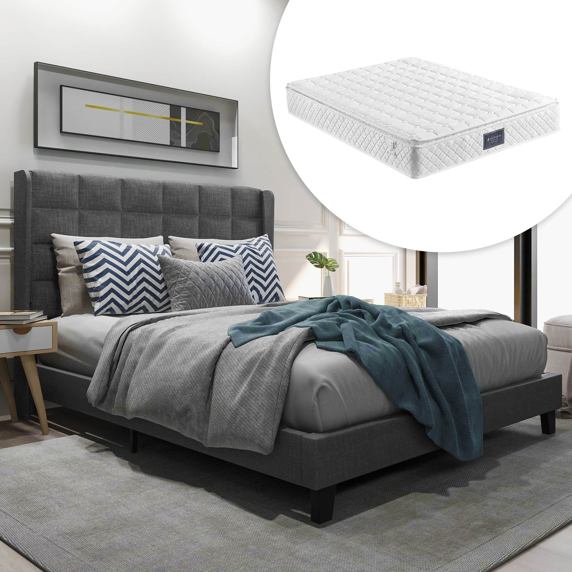 Lit Double avec Tête de Lit Rembourrée et Sommier à Lattes, en Lin, 140x200, Matelas à Ressorts Inclus, Grand Confort, Gris