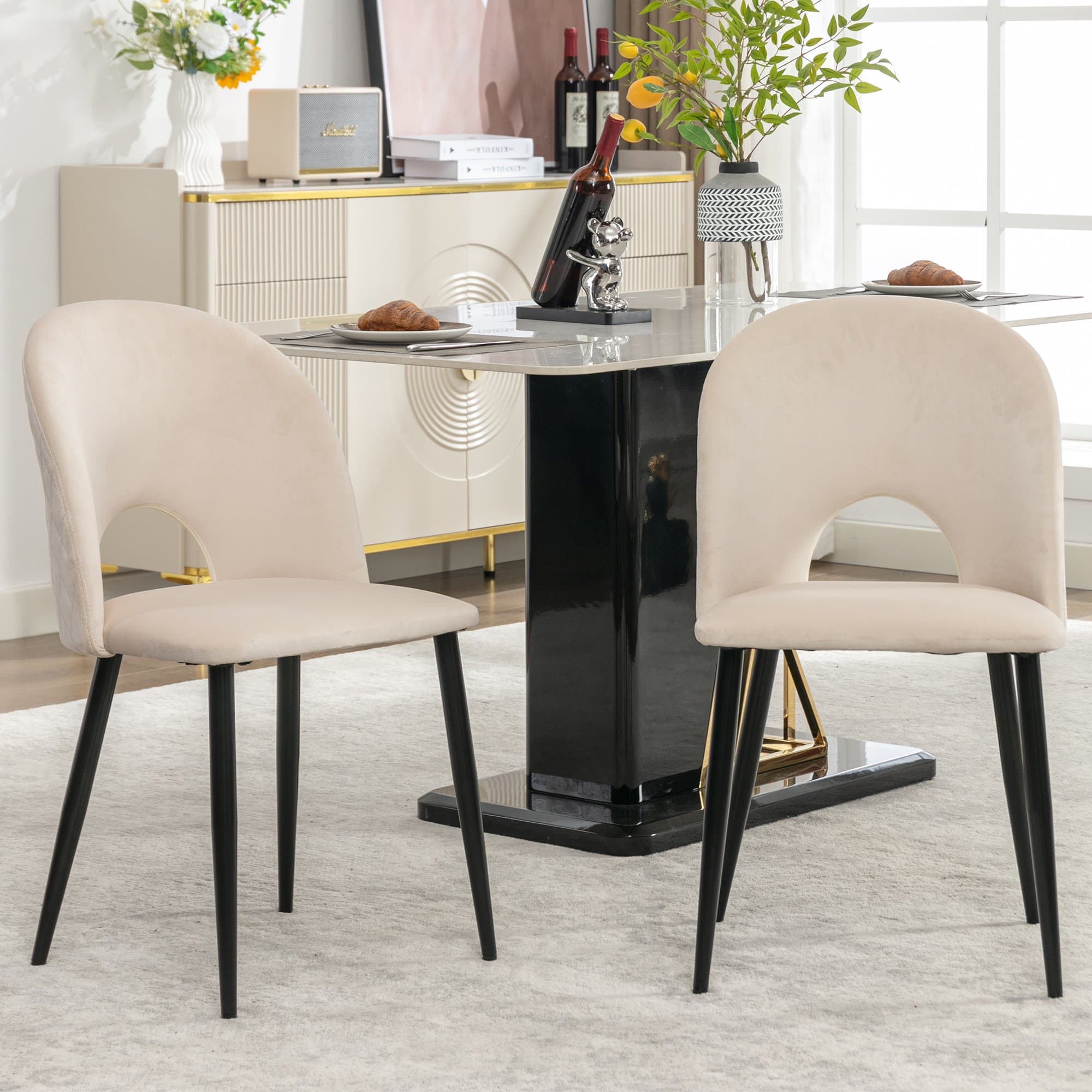 Ensemble de 2 rembourrés Chaises salle à manger, Chaise de cuisine, hors de velours avec diamanté Dossier et structure en métal, Beige Aosom France