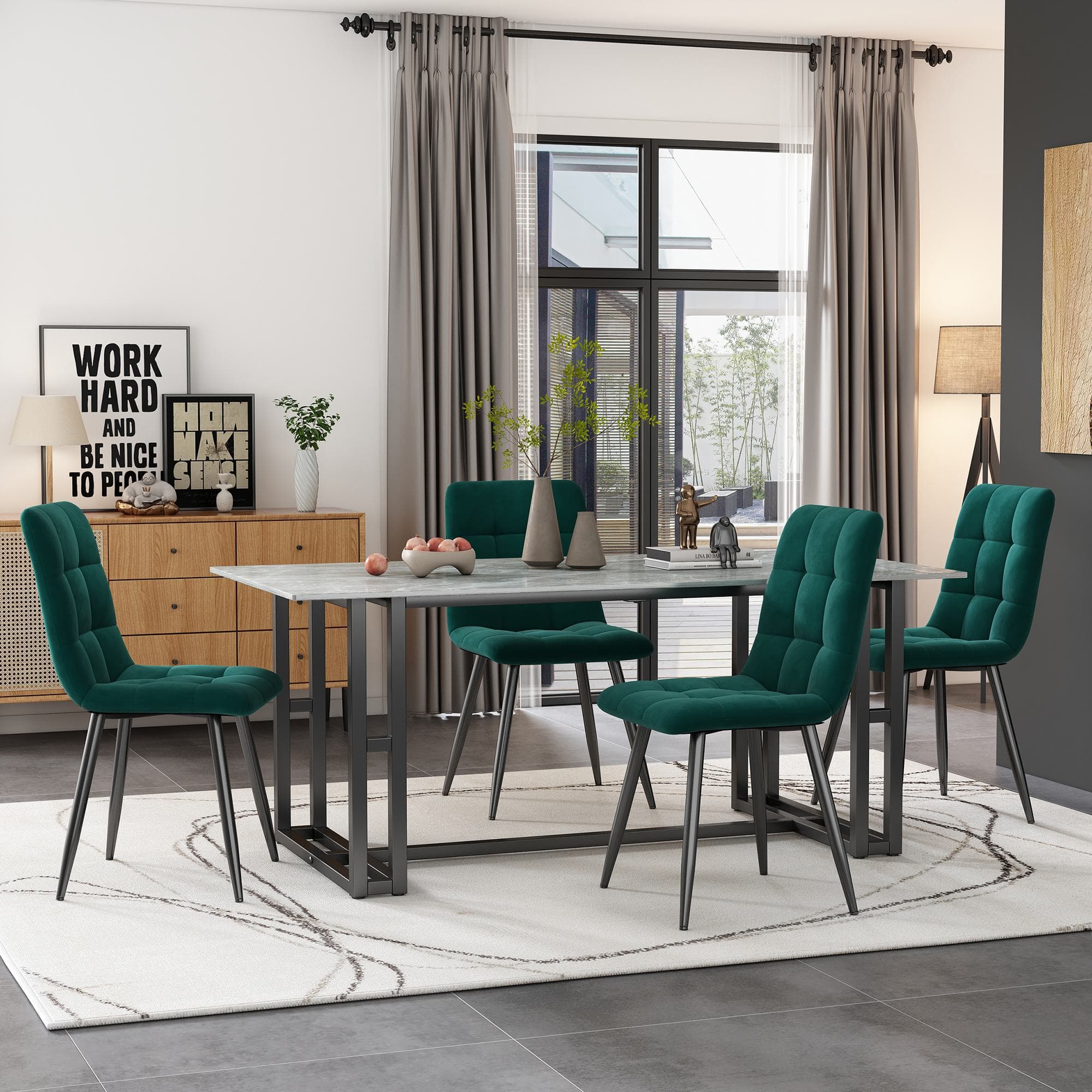 Ensemble de 4 chaises de salle à manger moderne, chaise de cuisine, rembourrées avec dossier, structure en métal, Vert Aosom France