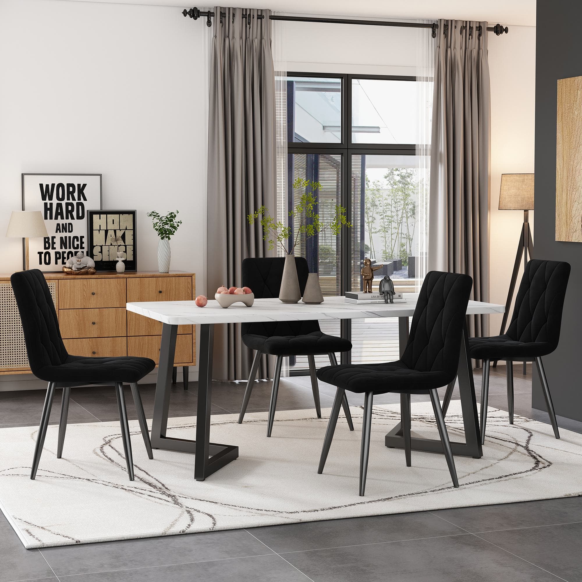 Ensemble de 4 rembourrés Chaises de salle à manger en velours sergé avec Dossier, structure en métal et design élégant, Noir