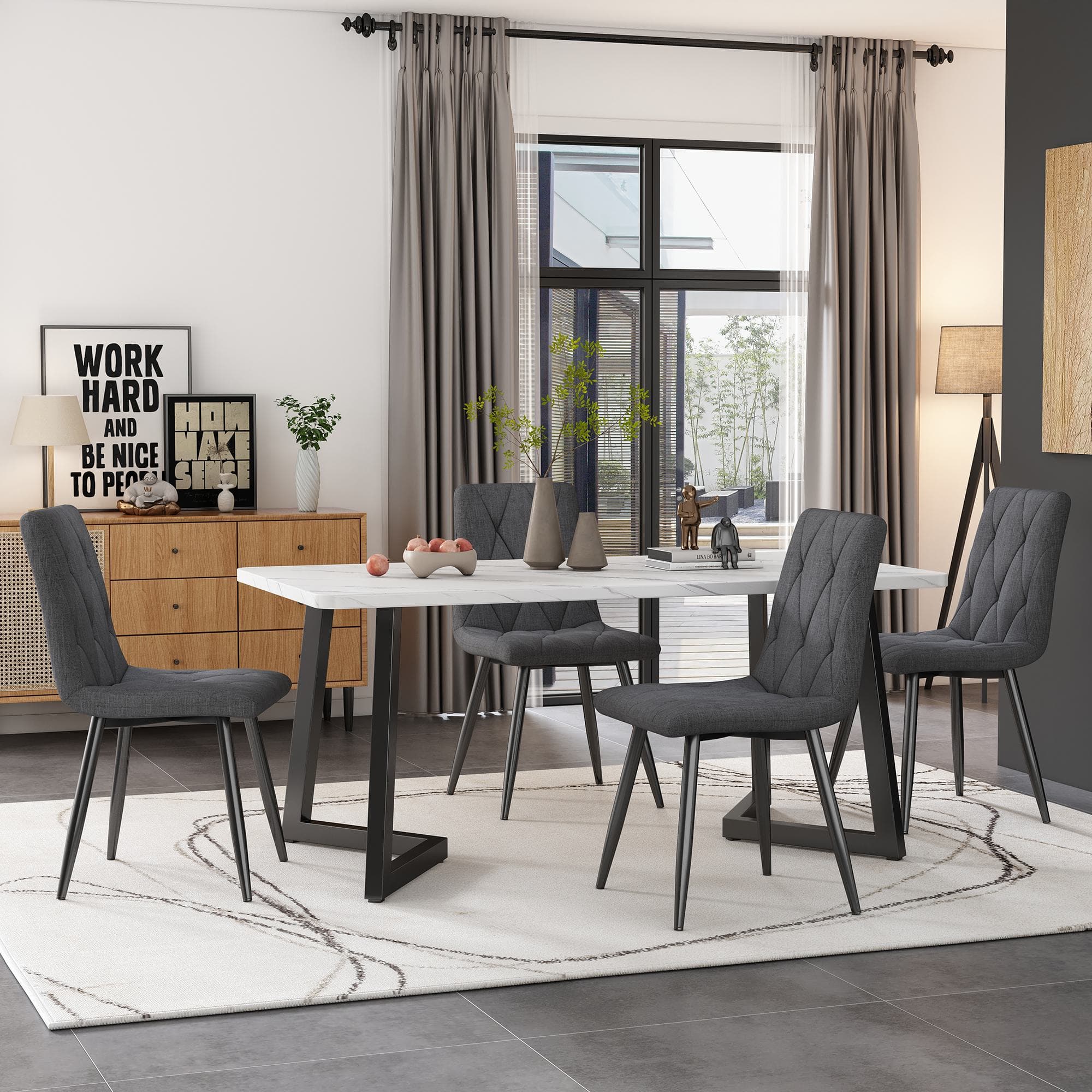 Ensemble de 4 modernes Chaises salle à manger, Chaise de cuisine, recouvertes de lin sergé avec Dossier, structure en métal, montage facile, Gris