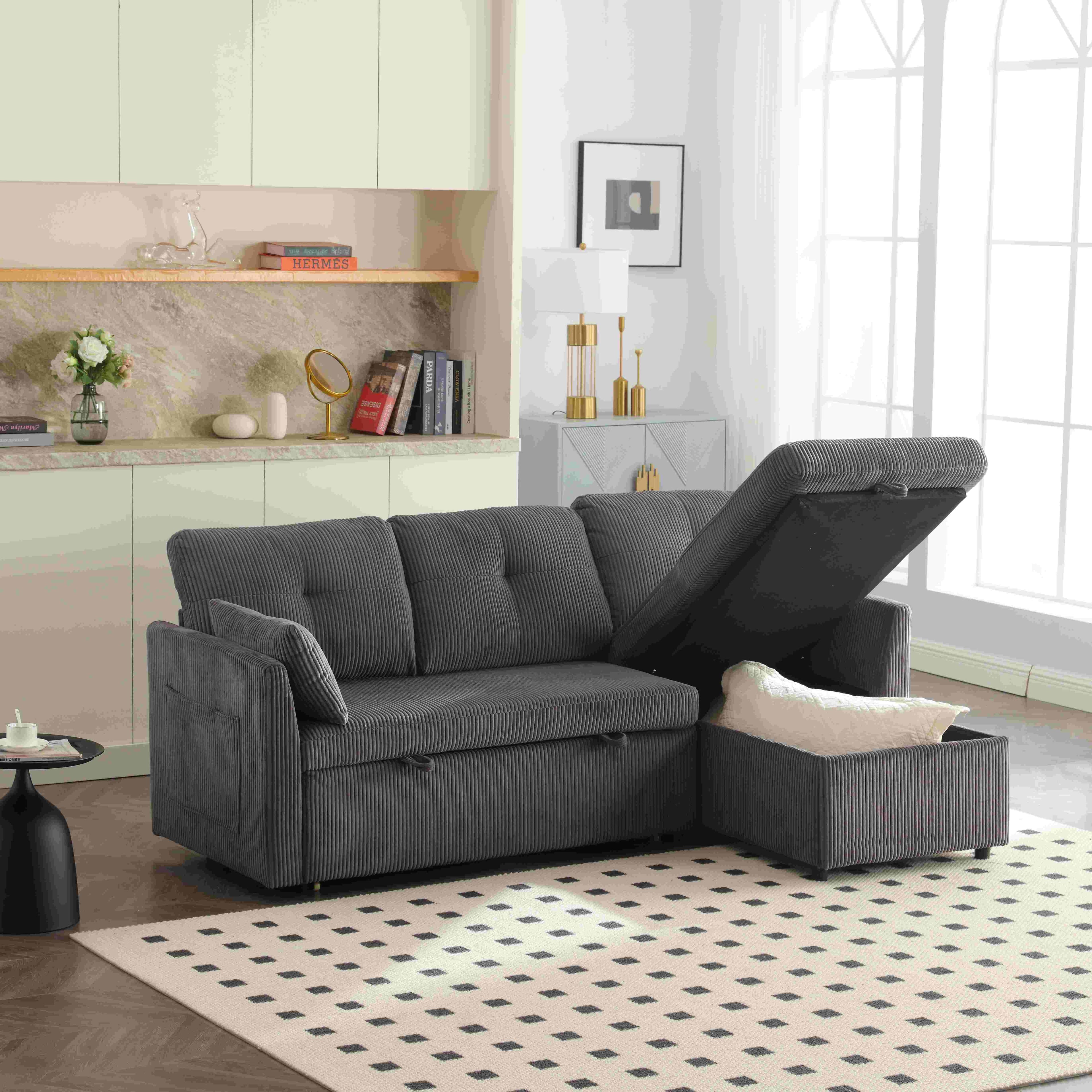 Canapé en velours en forme de L, canapé-lit convertible extensible avec sièges de rangement, Gris foncé