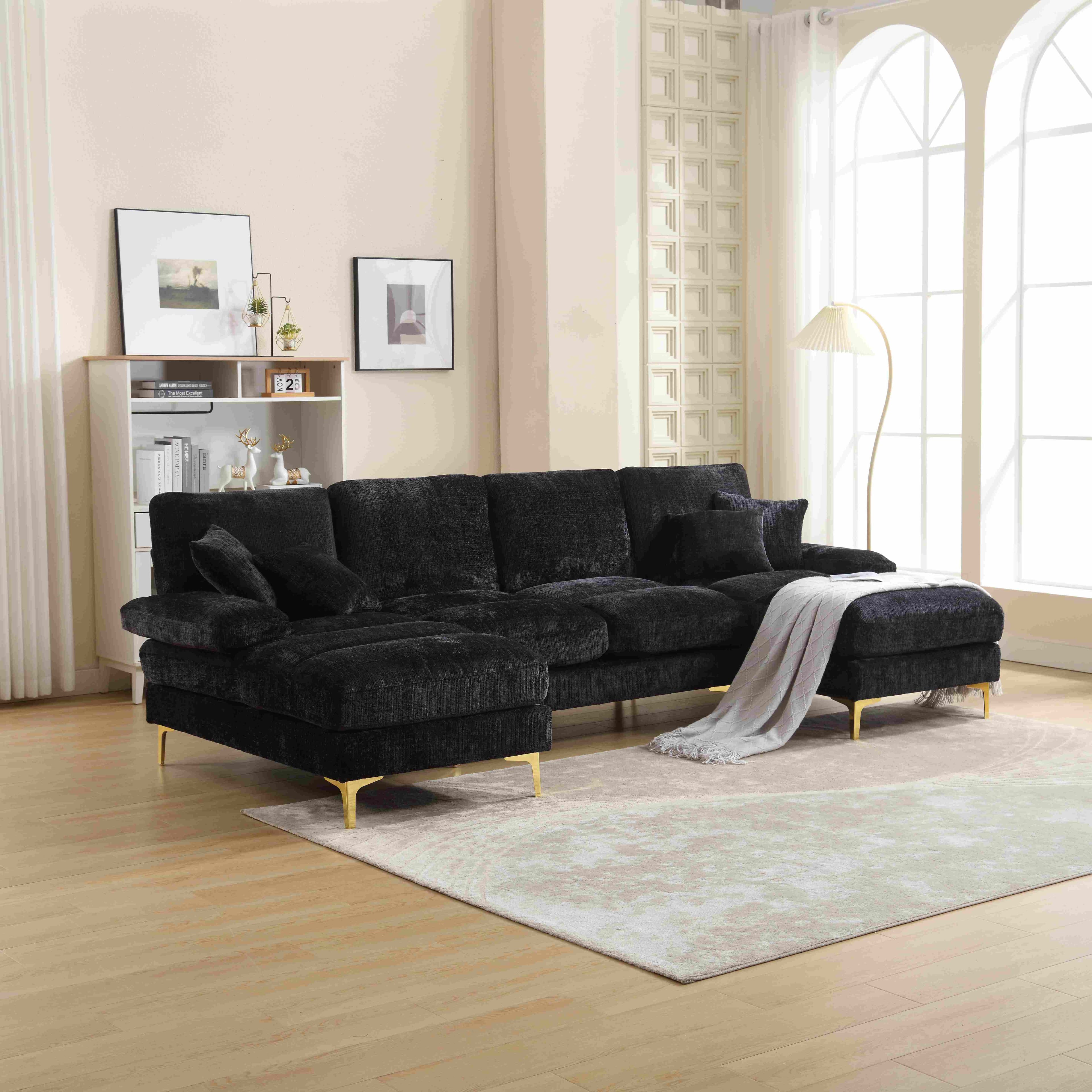 Grand canapé d'angle en forme de U en tissu chenille moderne et confortable, avec accoudoirs en métal, Noir