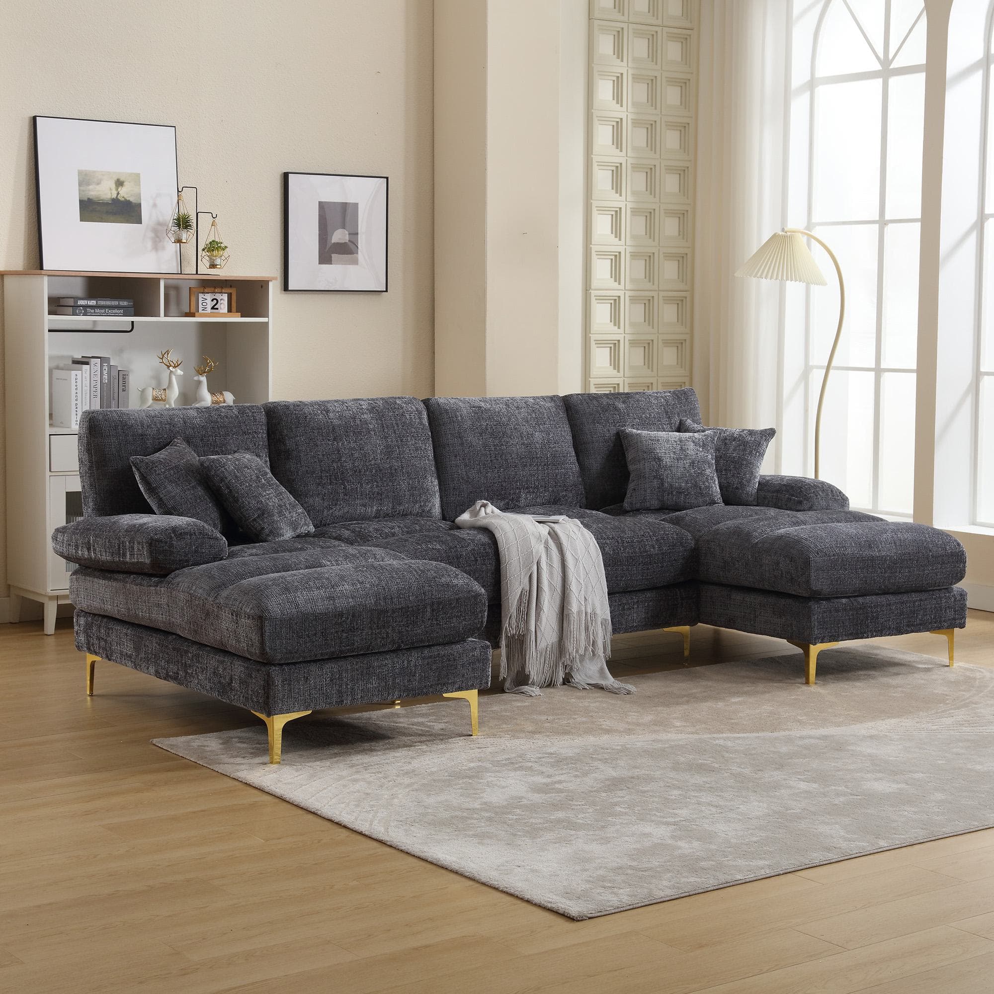 Grand canapé sectionnel en forme de U en chenille moderne avec doubles sièges inclinables pour salon, chambre, bureau, appartement, villa, salon, Gris