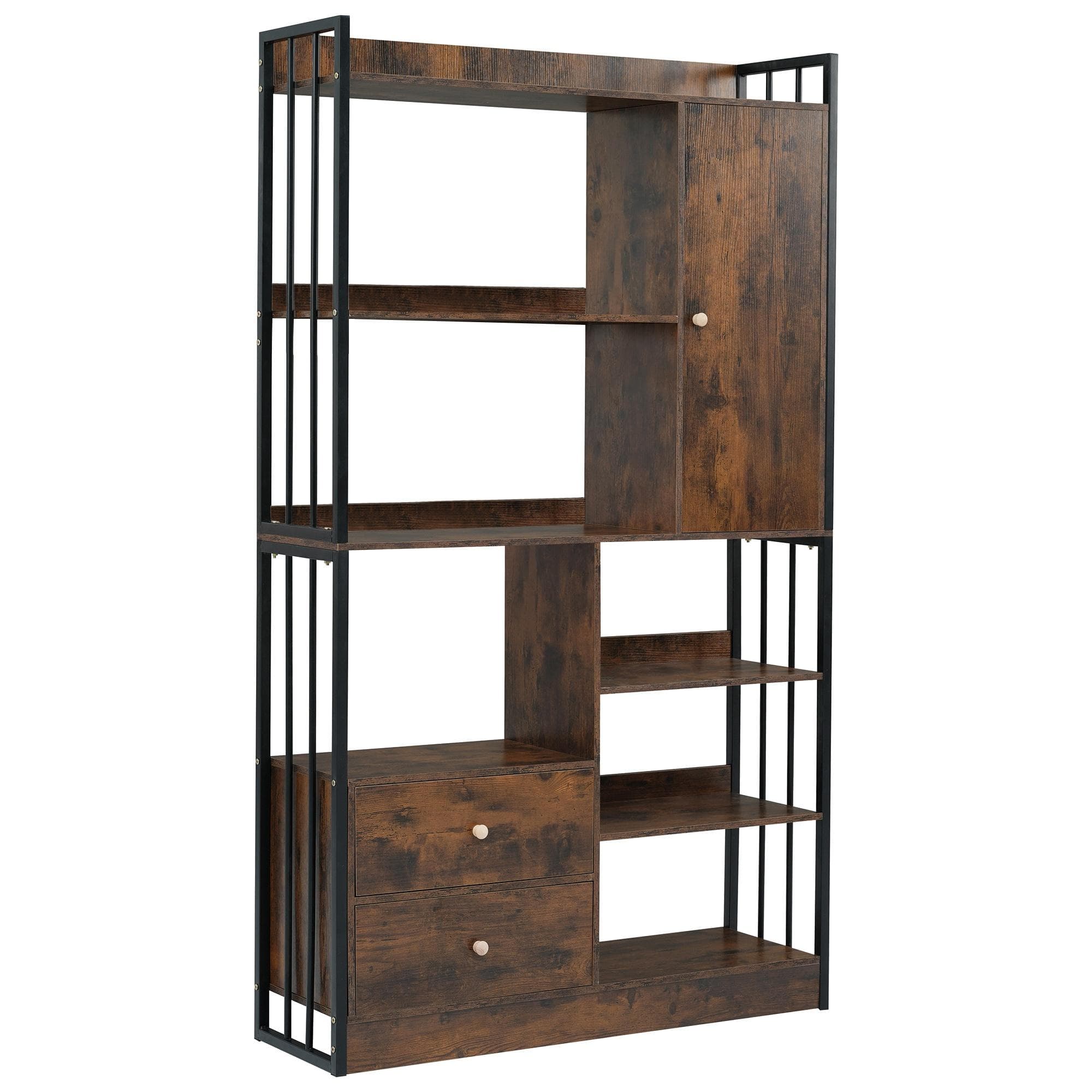 Bibliothèque avec 6 étagères, portes et tiroirs, sur pied, structure en acier, 100×30×173,5 cm,Noir Marron