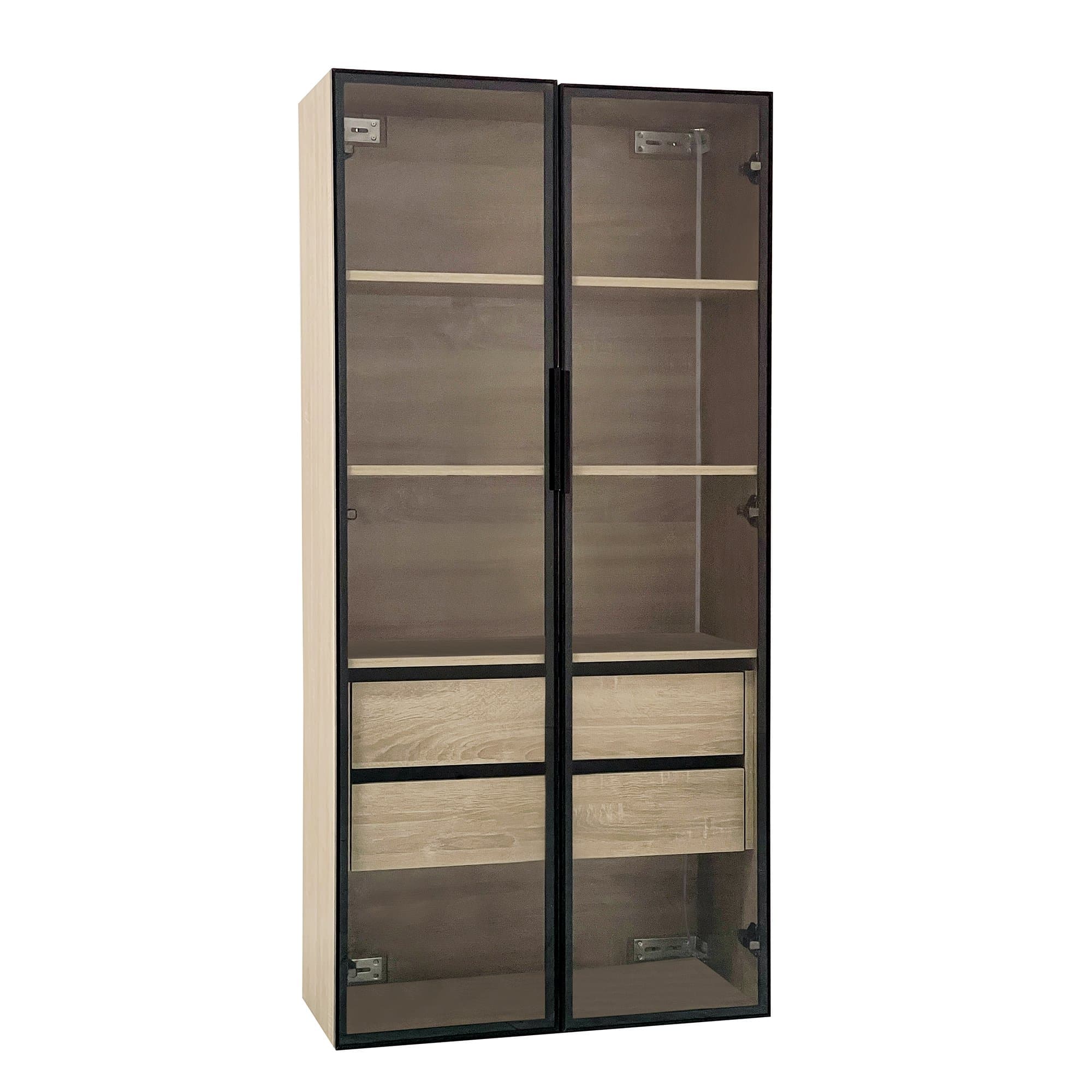 Armoire de salle de bain avec éclairage LED, Meuble salle de bain 2 grands tiroirs et 2 portes en verre, 74×36×155 cm, Naturel Aosom France