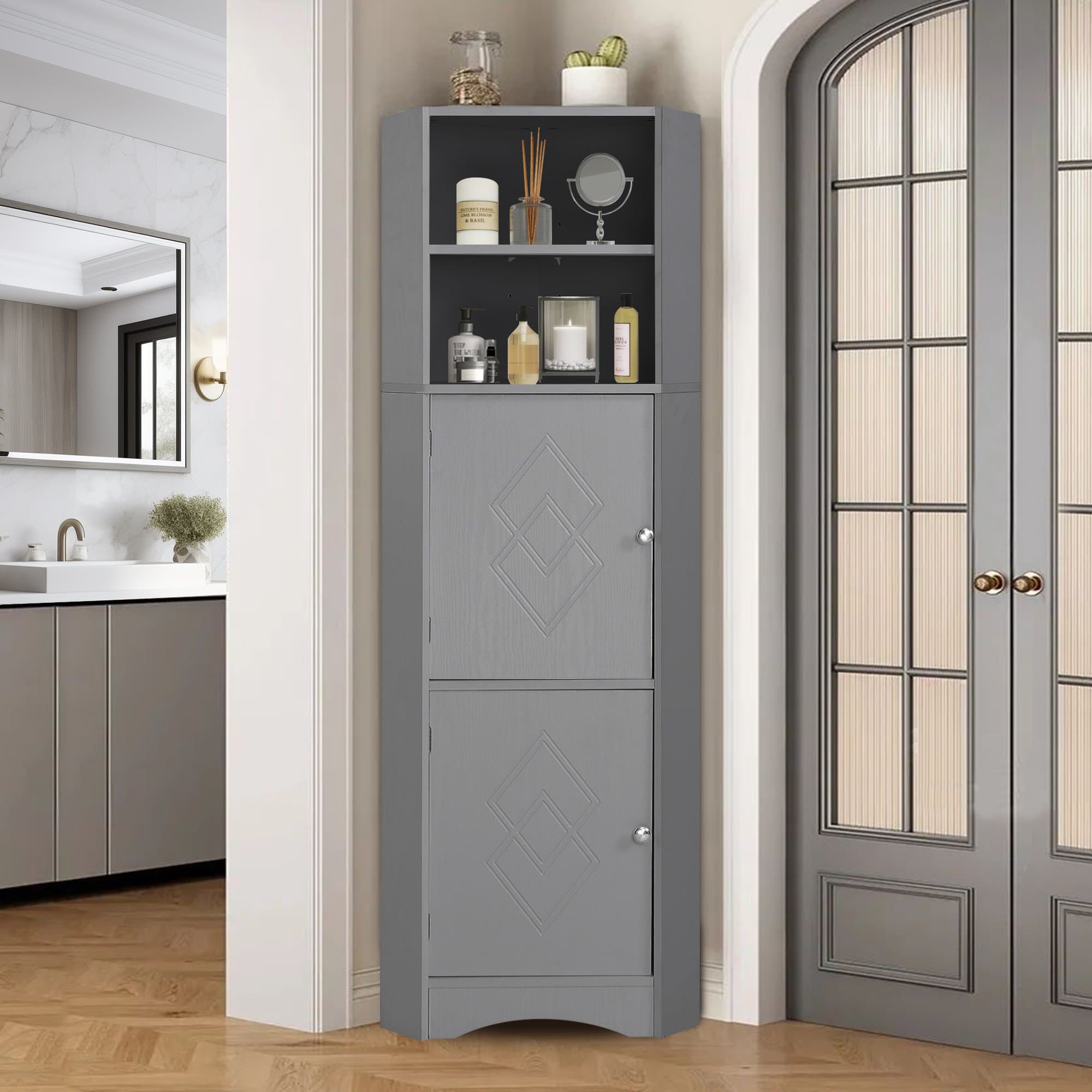 Armoire de salle de bain d'angle avec deux étagères, tablette réglable, étanche et résistante à l'humidité, 36,5×36,5×155 cm,Gris