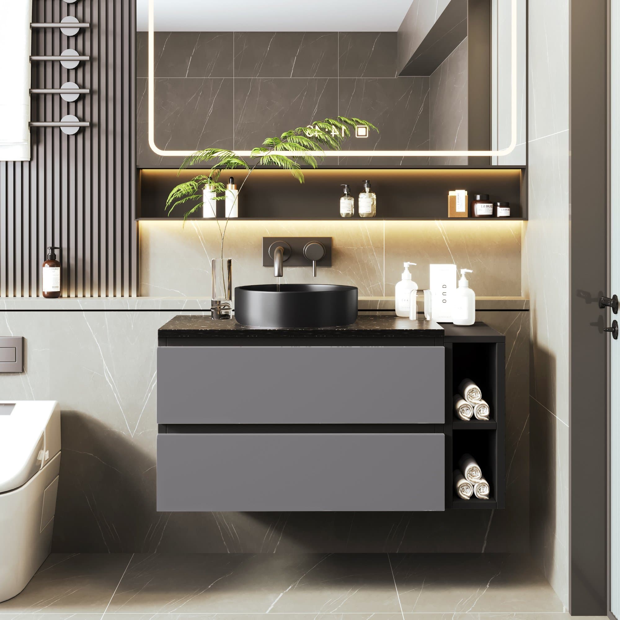 Meuble sous-lavabo suspendu 80 cm de large, avec lavabo en céramique et tiroirs, design moderne, MDF, 80×44×60,5 cm, Noir+Gris
