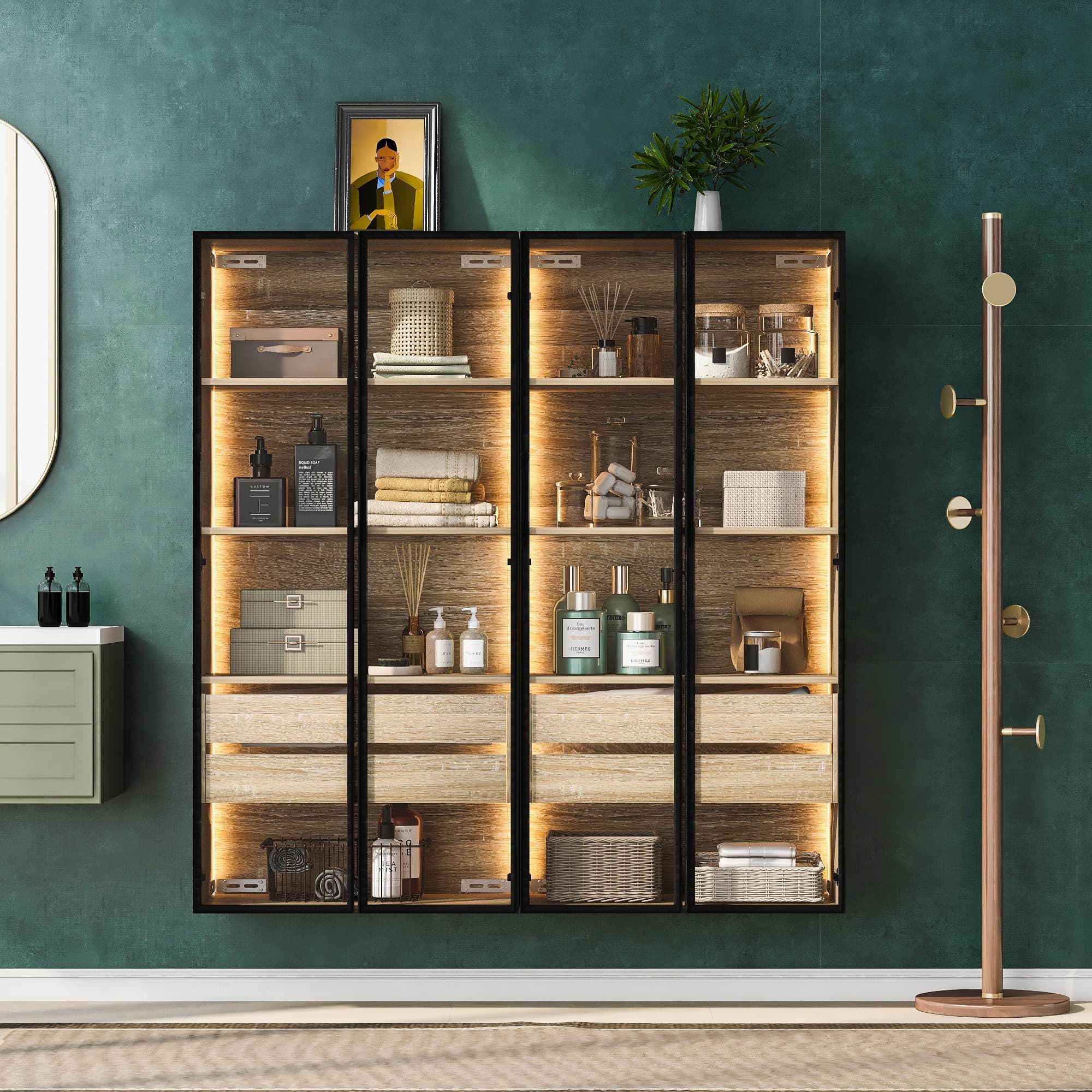 Ensemble de 2 armoires de salle de bain avec éclairage LED, 2 grands tiroirs et 2 portes, verre dépoli, 74×36×155 cm, Naturel